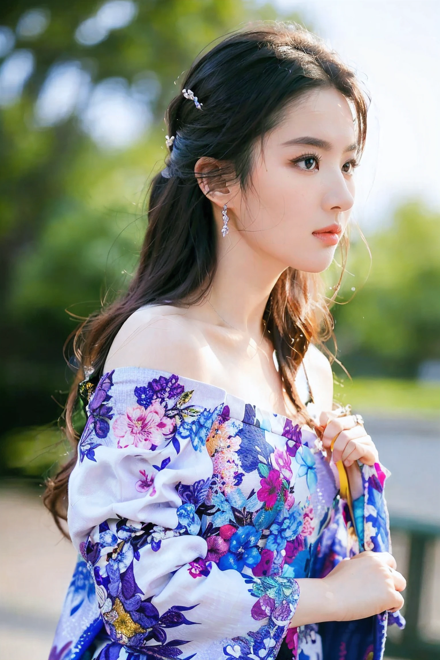 hyper quality,high detail,high resolution,FHD,1080P,2K4K18K,1girl,solo,(From the front),chinese clothes,off shoulder,Shiny and fair skin,outdoor,simple background,LYF@SEAN