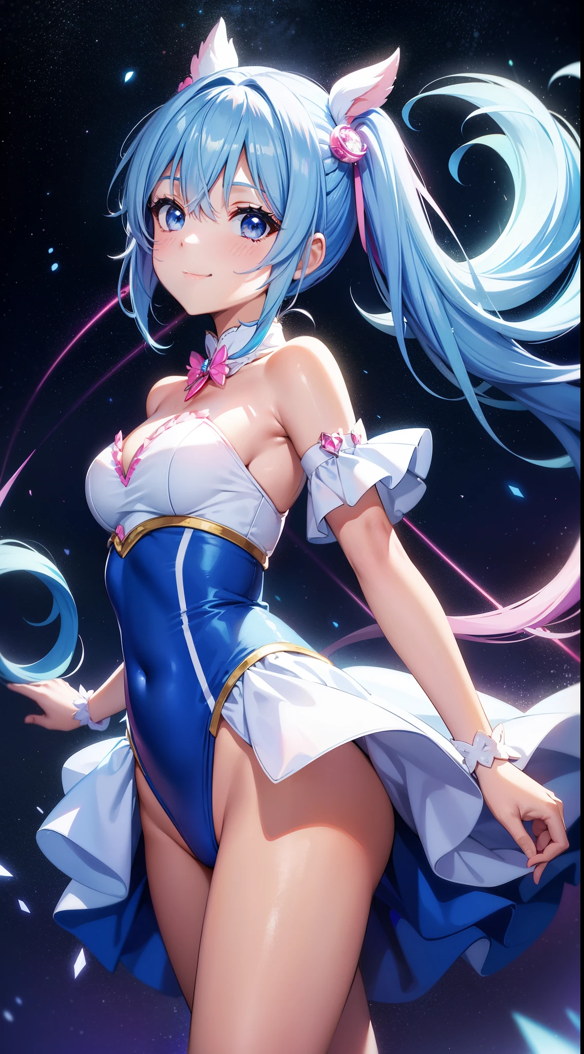 Super Idol a beauty girl A charming smile sky blue hair length hair Twin-tailed Bright white and pink and blue bright sexy leotard outfit Fantasia constellation a moon Crystal Brilliance Aurora Borealis in the Night Sky