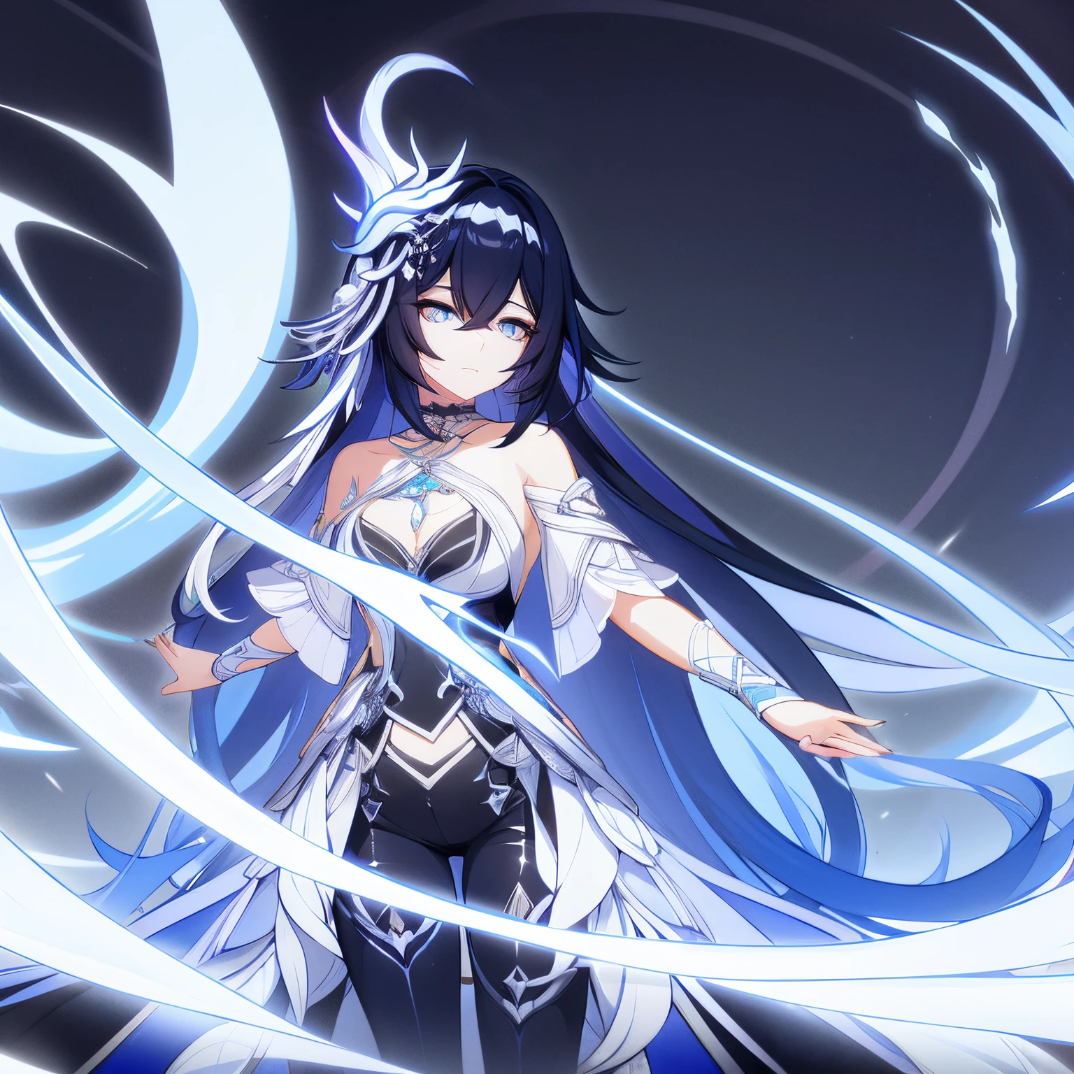 Woman. Dark blue hair with bright blue strands. Slightly wavy hair. Bright eyes. White and black pant battlesuit with lots of jewelry and ribbons.