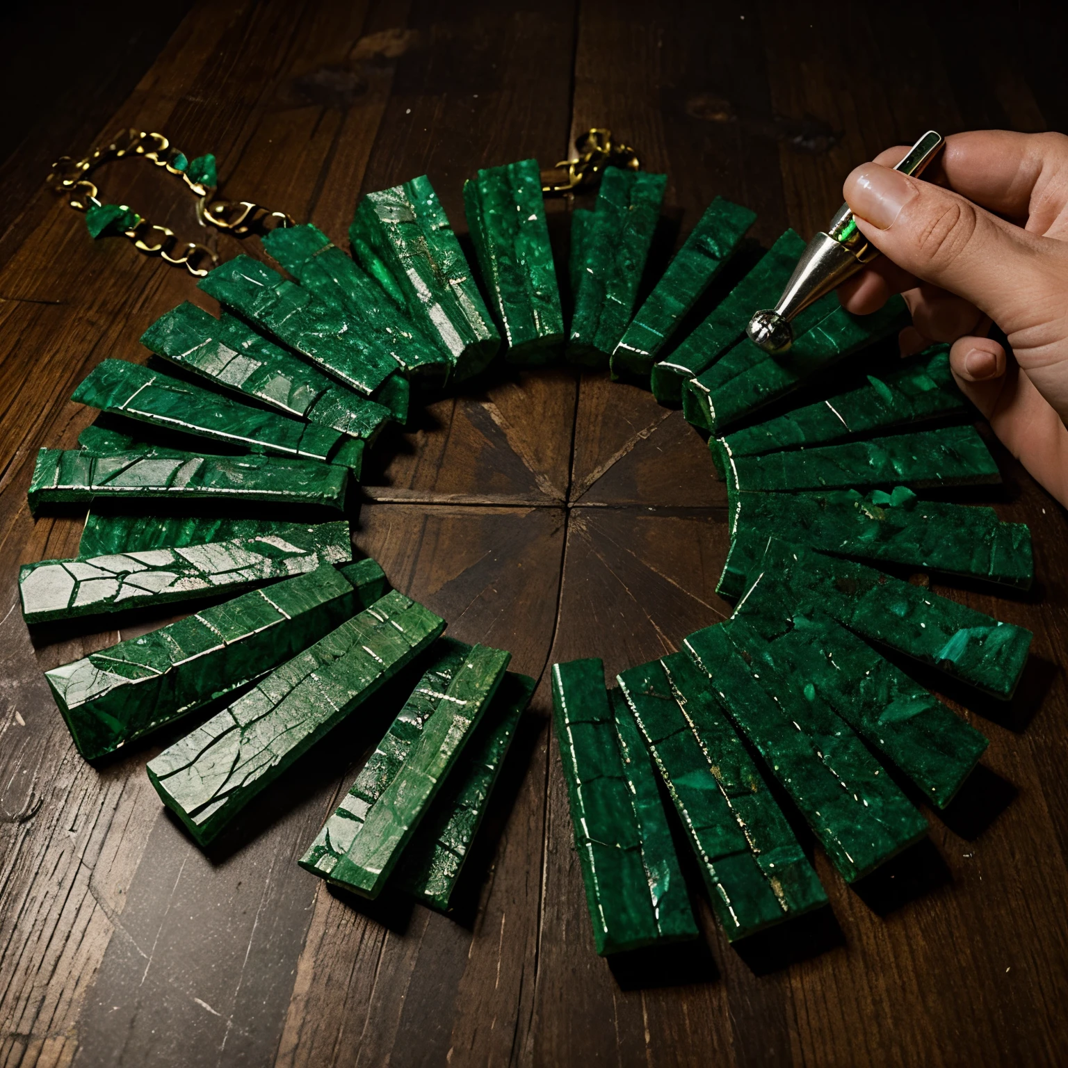 Create a unique and rare chain with several uncut emerald scraps.