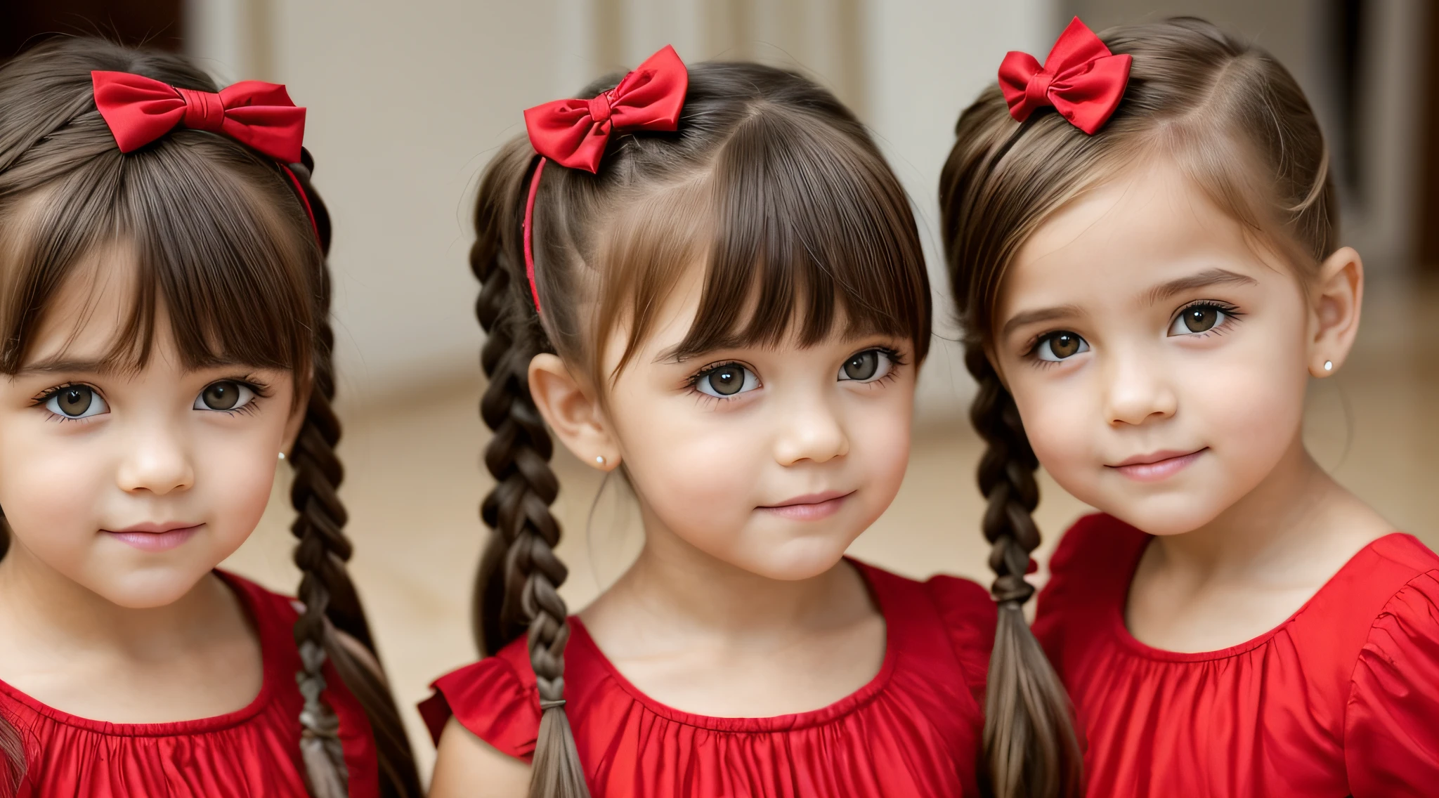 two girls with bows on their heads and one wearing a red dress, beautiful gemini twins portrait, beautiful gemini twins, foto de retrato em close-up, childrens, s fofas, childrens, Looks doces, Beautiful girls, Gorgeous features, dois penteados pigtails, retrato closeup, twins, Duas meninaotada, lindo bonito, faixa de cabelo vermelha, vestindo roupas vermelhas