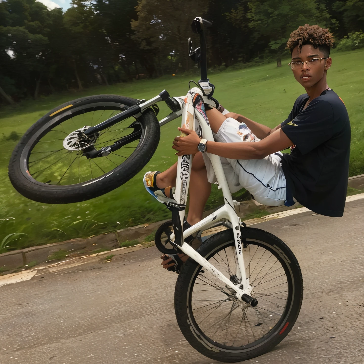 pintura de um garoto de 16 anos de pele clara com o cabelo preto e liso vestindo uma camisa do Real Madrid, Real Madrid shorts, com corrente e relogio e brinco,chinelos brancos e andar de bicicleta, Empinado, estilo anime, oil painting