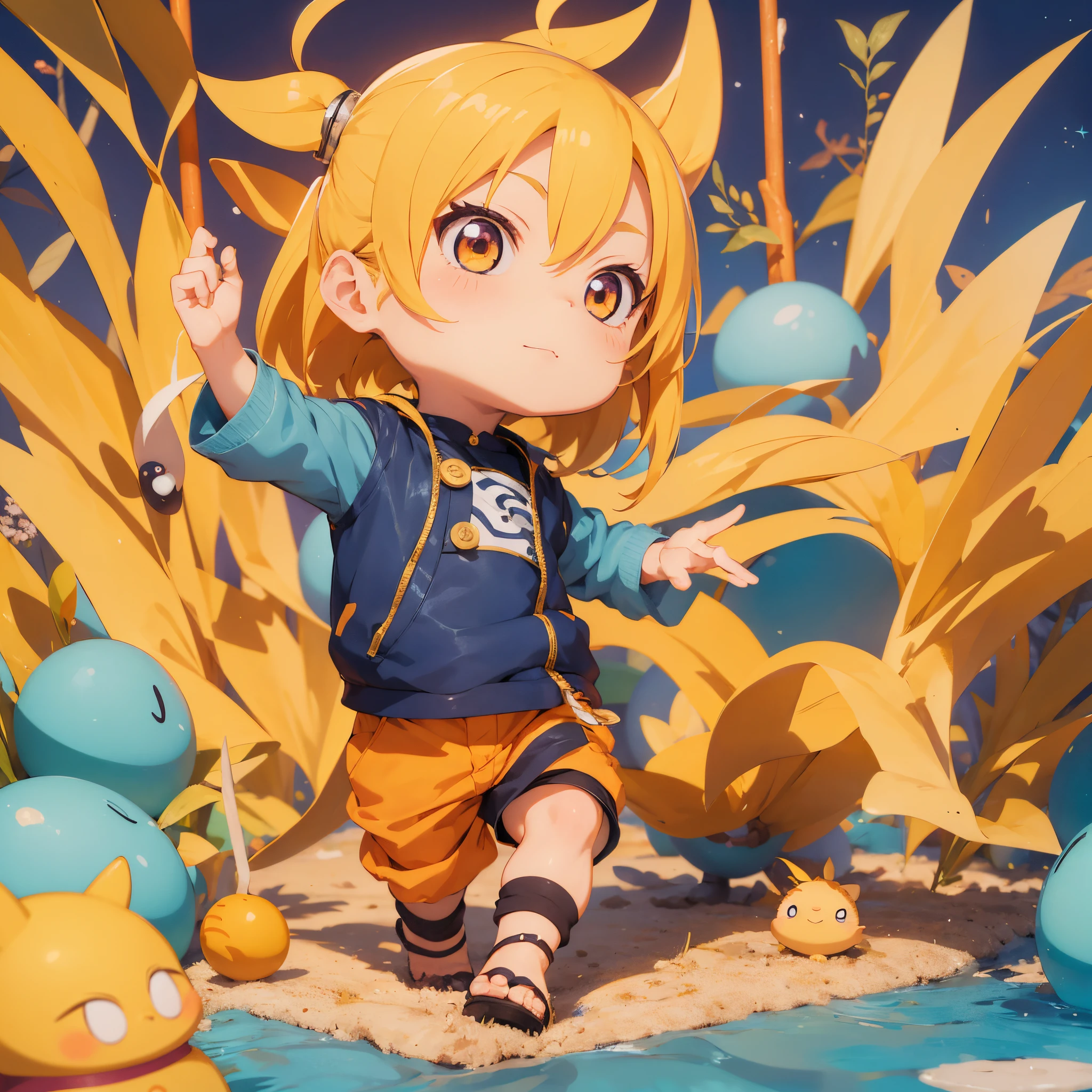 Create a charming Dreamworks-style illustration of Naruto in chibi form, capturing the essence of his character with a playful and endearing touch. Imagine him in a whimsical setting that reflects the spirit of both Naruto's world and the magical charm of Disney Pixar animations.