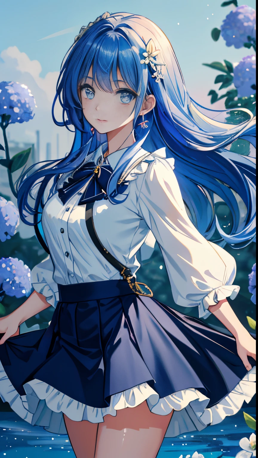 (Masterpiece), (Best Quality), (Ultra Detailed),(Ruffle your hair),(illustartion), (1girll), (trendy clothes), Standing, Model, Viewer Viewer Viewer, (interview), (Simple background),beautiful and gentle eyes,delicate beauty,afloat,(high saturated),(Colorful splashes),colorful bubbles,(shine),Focus on the face,Horsetails,Ayaka Kamisato,light-blue hair,By bangs,hair rings,Floating flowers,floating hair,(glittering),better lighting,better shadow,full bodyesbian,short skirt