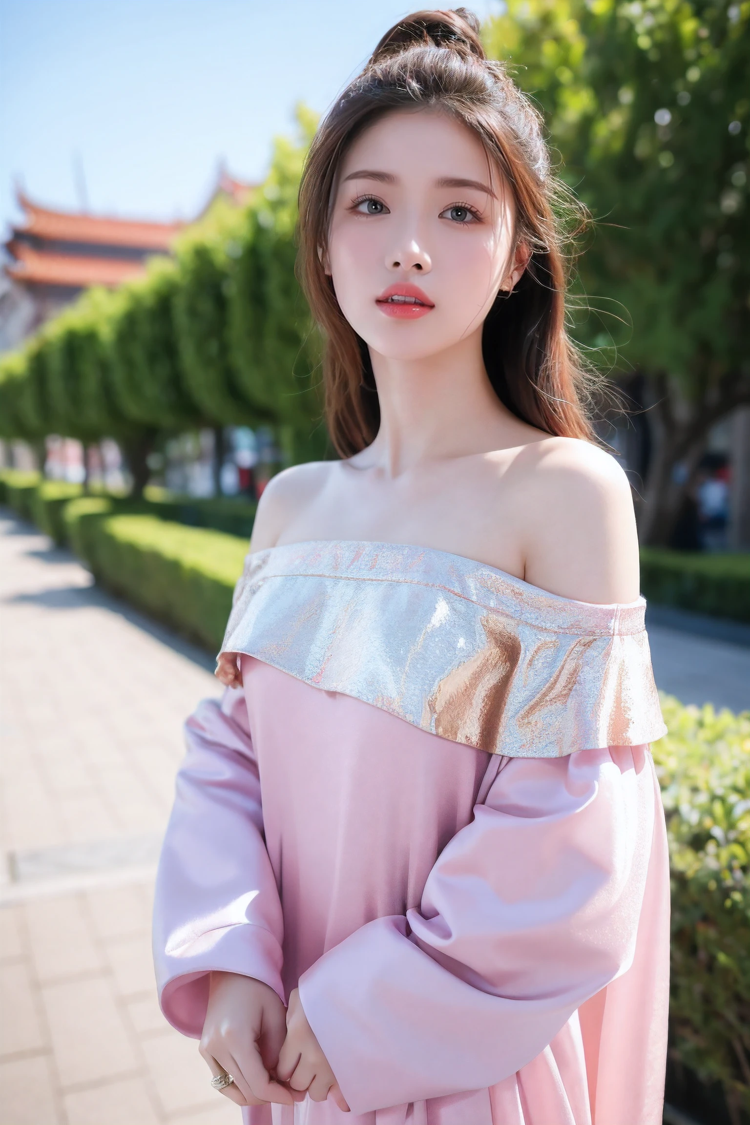 hyper quality,high detail,high resolution,FHD,1080P,2K4K18K,1girl,solo,(From the front),chinese clothes,off shoulder,Shiny and fair skin,outdoor,simple background,