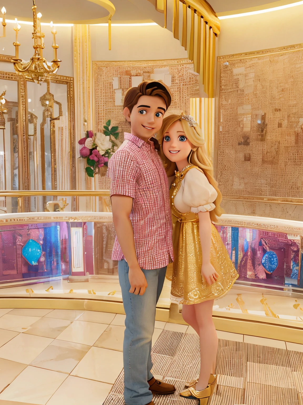 a sweet happy couple with a sweet blonde haired princess with a golden dress madly in love with his red square buttoned shirt boyfriend who also as happy to be with her, they stand next to each other staring into each other’s eyes with such a great desire the girl in the scene leans in towards her man the scene