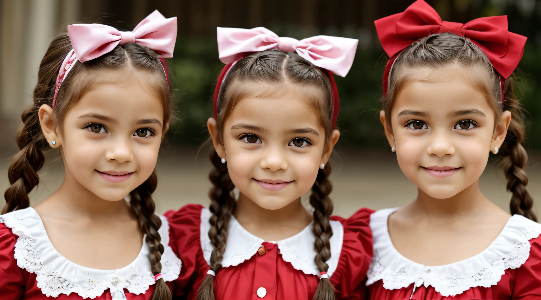 two girls with bows on their heads and one wearing a red dress, beautiful gemini twins portrait, beautiful gemini twins, foto de retrato em close-up, childrens, s fofas, childrens, Looks doces, Beautiful girls, Gorgeous features, dois penteados pigtails, retrato closeup, twins, Duas meninaotada, lindo bonito, faixa de cabelo vermelha, vestindo roupas vermelhas