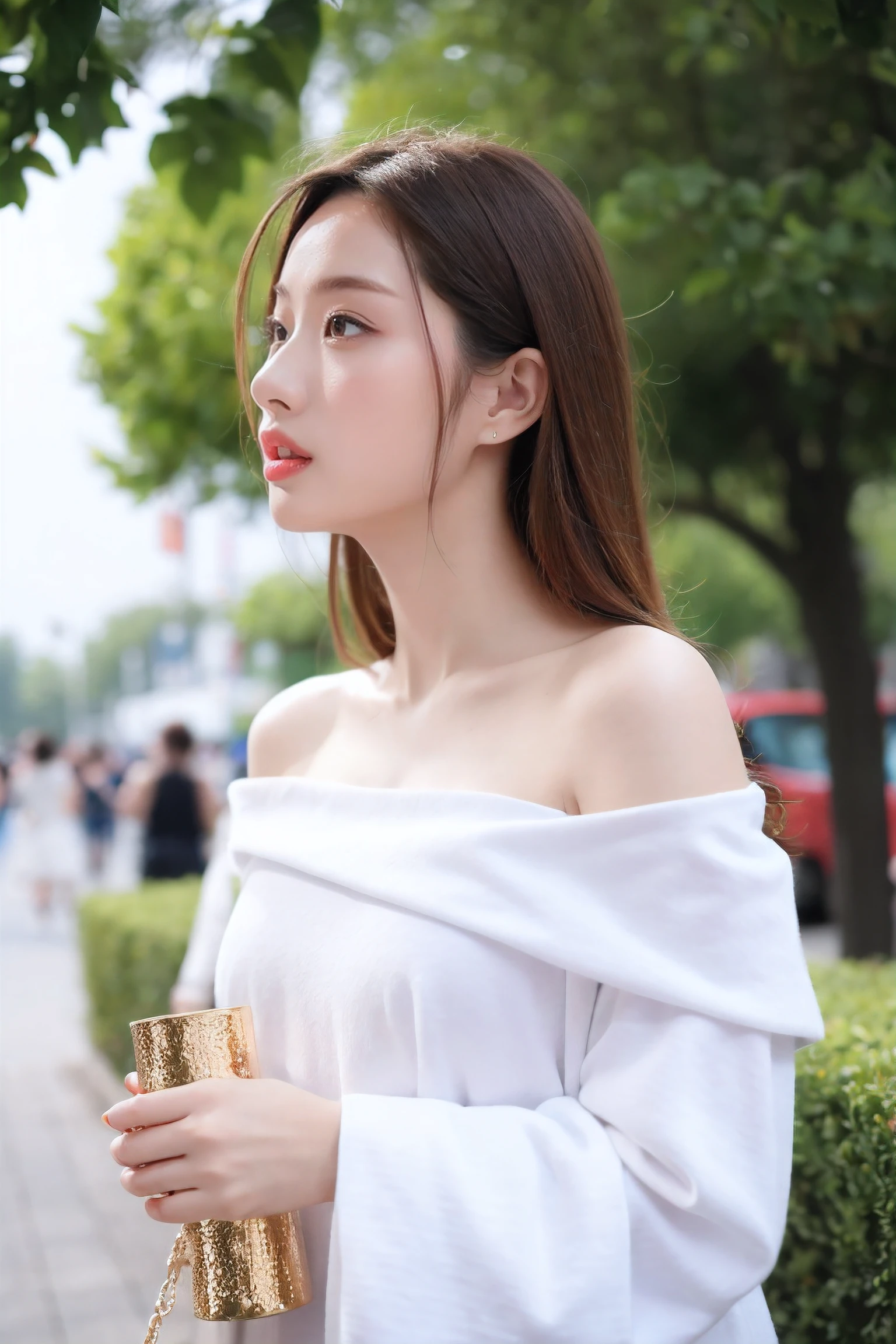 hyper quality,high detail,high resolution,FHD,1080P,2K4K18K,1girl,solo,(From the front),chinese clothes,off shoulder,Shiny and fair skin,outdoor,simple background,