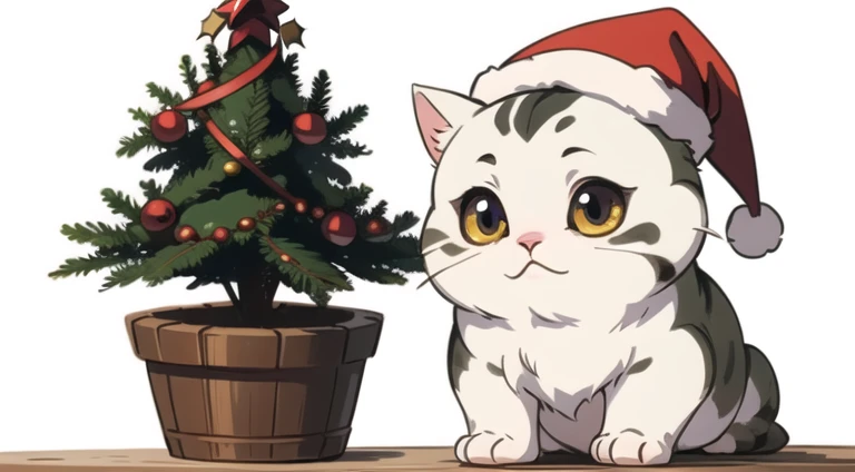 Chiaroscuro. A ((tiny and cute monster cat)) wearing a christmas hat, sitting next to a christmas tree. simple white background.