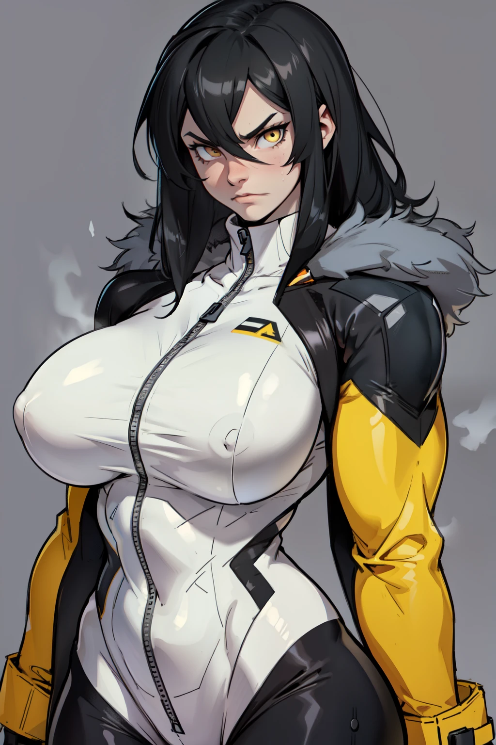 girl (1girl muscular grey background pale skin bodybuilder) toned body huge breasts (thin waist) black hair yellow eyes straight hair sweaty hair between eyes (bodysuit fur trim coat) frowning