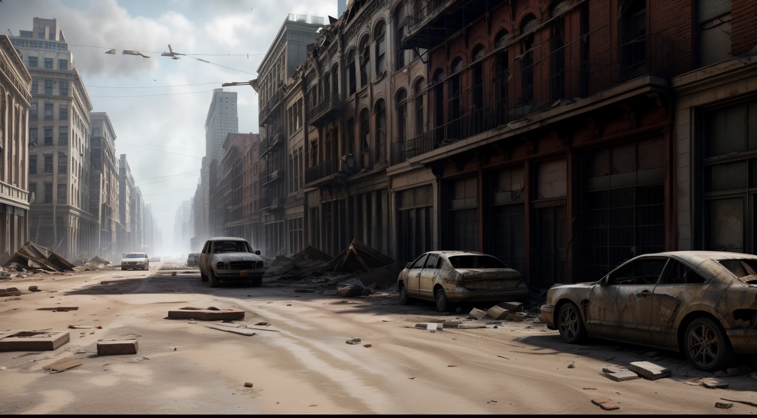 New York Ruined buildings with crumbling buildings and debris-filled streets, depicting the aftermath of destruction, cars covered with dust, Ultra 8k texture quality,grey weather, Realism,cinematic lighting, volumetric lighting,detailed,Background blur, being invaded by a sandstorm