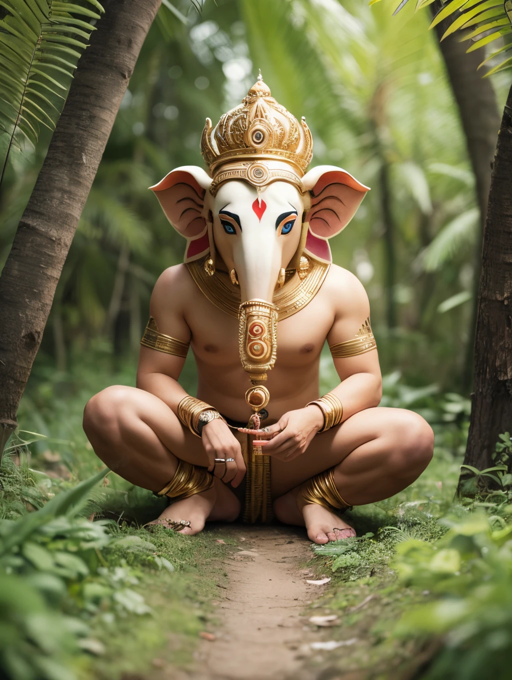 A statue of Ganesha seen from the front in close-up 35mm lens in a highly detailed forest photorealistic cinematic lights 8K --auto