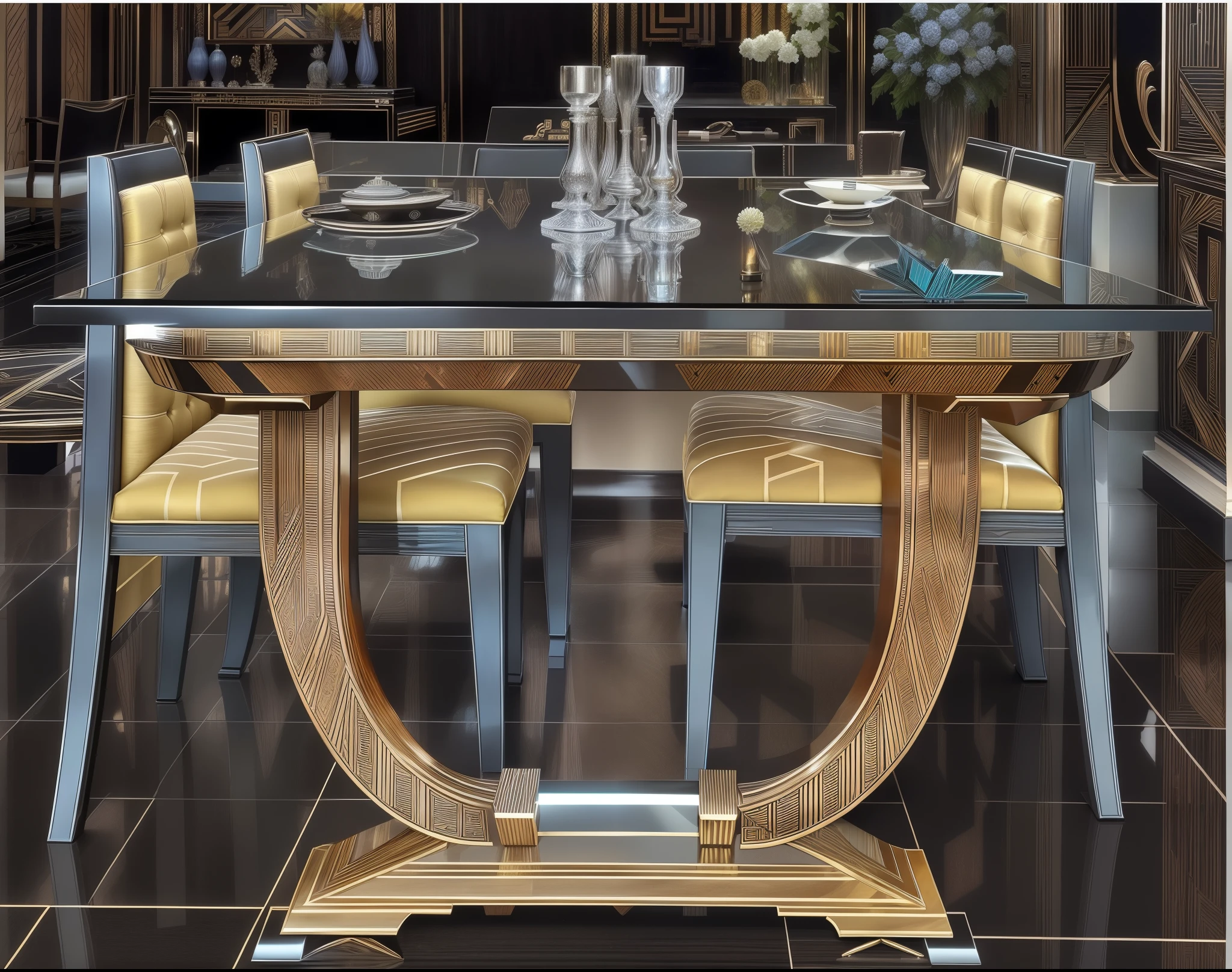 there is a glass table with a wooden base and chairs, furniture design art deco, ebony art deco, deco, an art deco, magnificent design, artdeco, art deco interior, giorgio, ( art deco ), art deco design, by George Barret, Jr., ( ( ( art deco ) ) ), art deco influence, art deco style