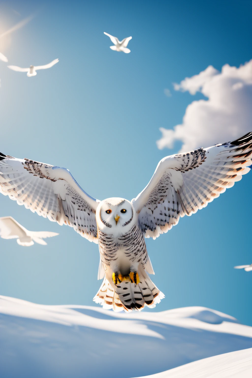 (masterpiece), (best quality:1.4), realistic, detailed, UHD, 8k, snowy owl flying in the sky with its wings spread, outstretched wings, glowing white owl, with large wings, sharply focused, majestic wings, yellow eyes, seen from below