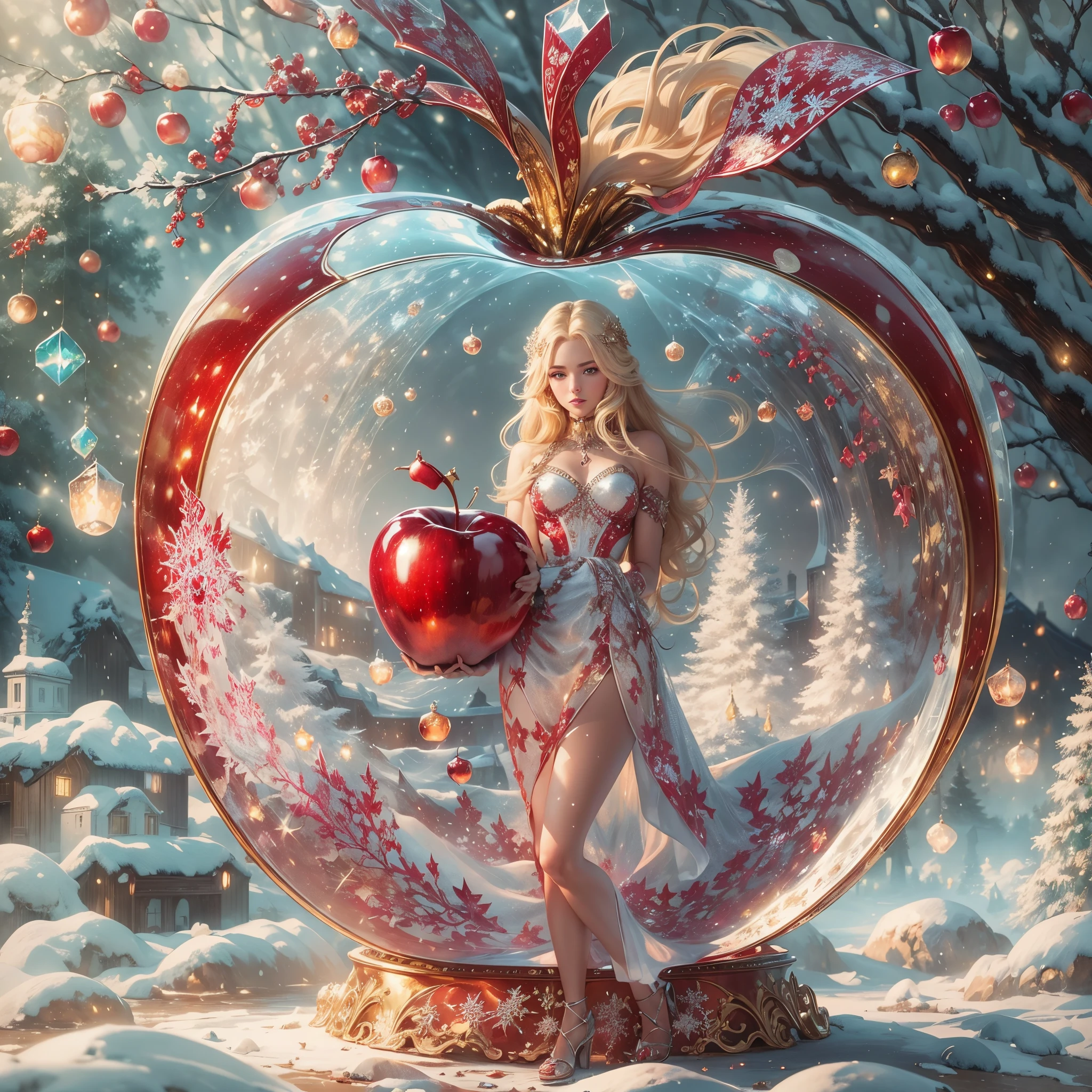 Behold a breathtaking digital masterpiece with a crystallized (translucent red crystal apple), inside the apple is a 20 year old girl, gold jewelry, long flowing blonde hair, gold sandals, size 15 heels, studded of diamonds. sky enveloping a picturesque rural town, covered in the soft embrace of Christmas snowflakes.