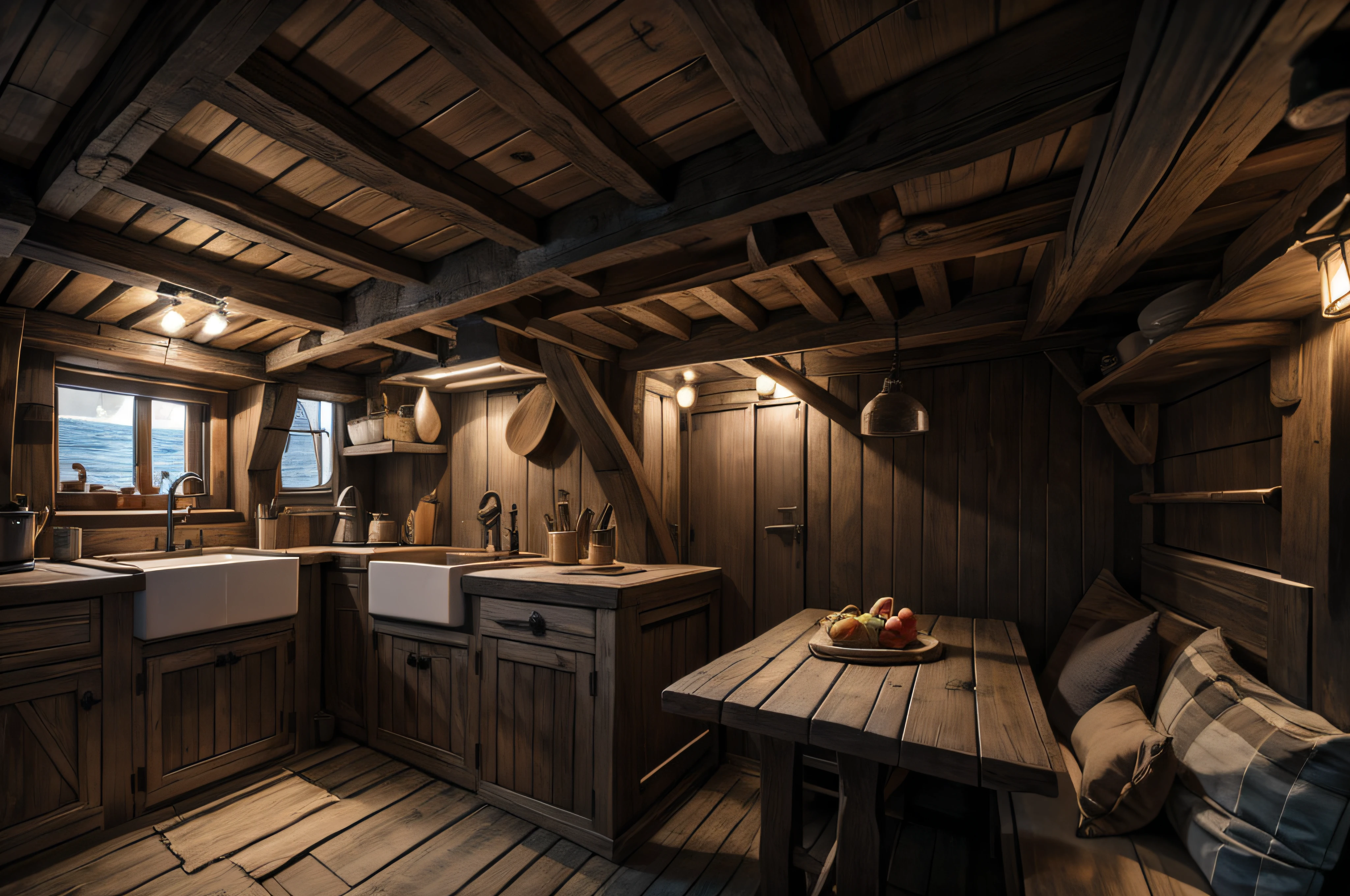 a rustic, small and cramped kitchen on a medieval sailing ship with a wooden table in the center