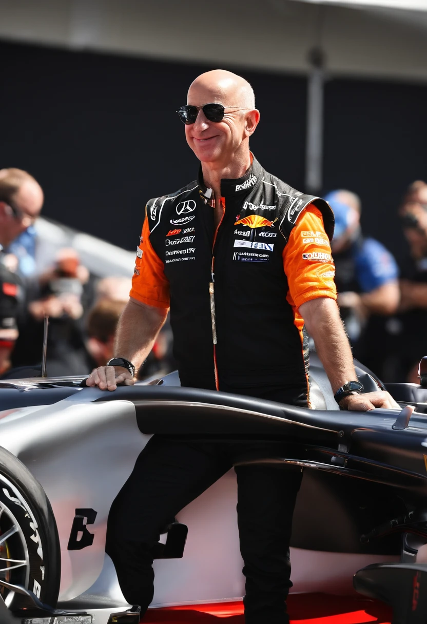 A photo of Bezos at the Formula 1 Grand Prix race,original,Jeff Bezos, the founder of Amazon, is known for his bald head and often a warm, yet measured smile, presenting a recognizable and influential figure in the tech world. He usually appears in public wearing professional yet relatively understated attire, reflecting his practical approach to business and life. He’s gotten absolutely jacked after taking lots of testosterone and HGH.