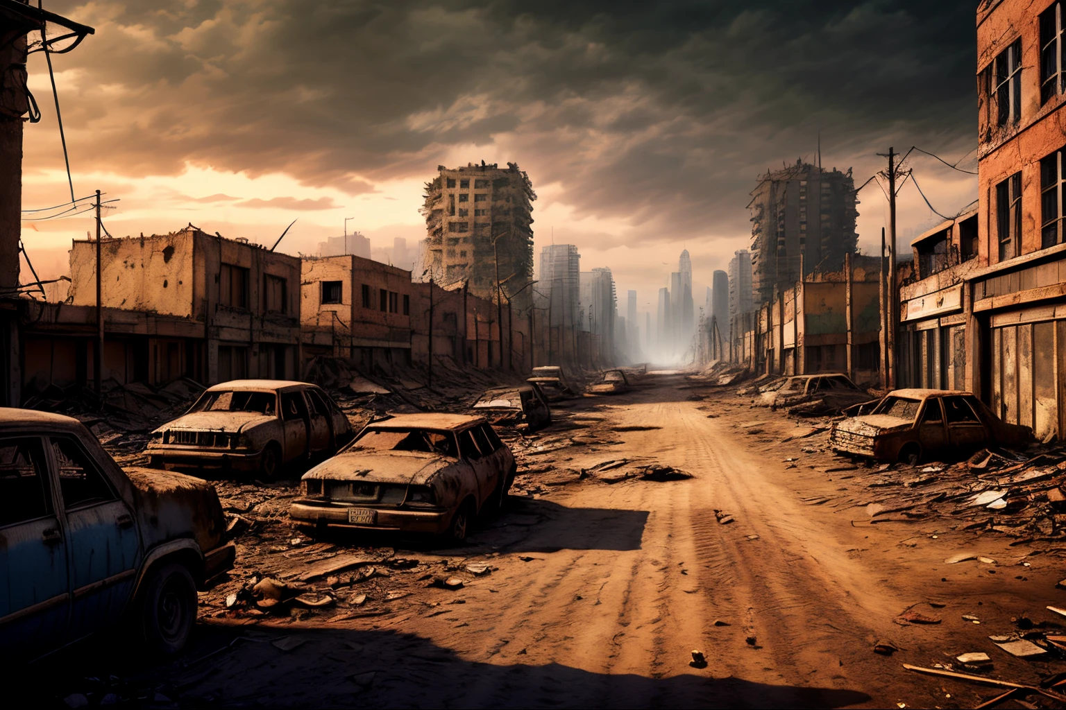 araffatured city in the middle of a barren area with cars parked in the dirt, post - apocalyptic wasteland, in a post-apocalyptic wasteland, post apocalyptic landscape, post apocalyptic wasteland, post apocalyptic atmosphere, post apocalyptic scene, post - apocalyptic city, post apocalyptic world, Paisagem da cidade do apocalipse, post-apocalyptic city, dystopian wasteland, apocalyptic city