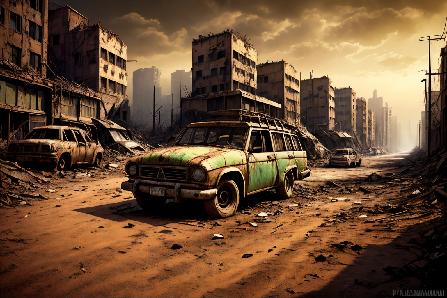 araffatured city in the middle of a barren area with cars parked in the dirt, post - apocalyptic wasteland, in a post-apocalyptic wasteland, post apocalyptic landscape, post apocalyptic wasteland, post apocalyptic atmosphere, post apocalyptic scene, post - apocalyptic city, post apocalyptic world, Paisagem da cidade do apocalipse, post-apocalyptic city, dystopian wasteland, apocalyptic city