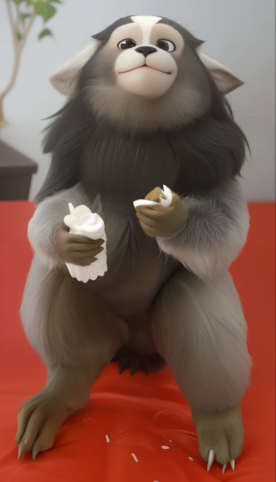 tem um macaco sentado em uma mesa com comida, Fazer um lanche, peludo bonito precisa de sua ajuda, senta-se em um dedo, texugo peludo, Kemono, guaxinim, Pelo com lama, mostrando suas patas para o espectador, guaxinins extremamente felizes, pronto para comer, segurando as patas, furry arms, roedor, corpo fofo
