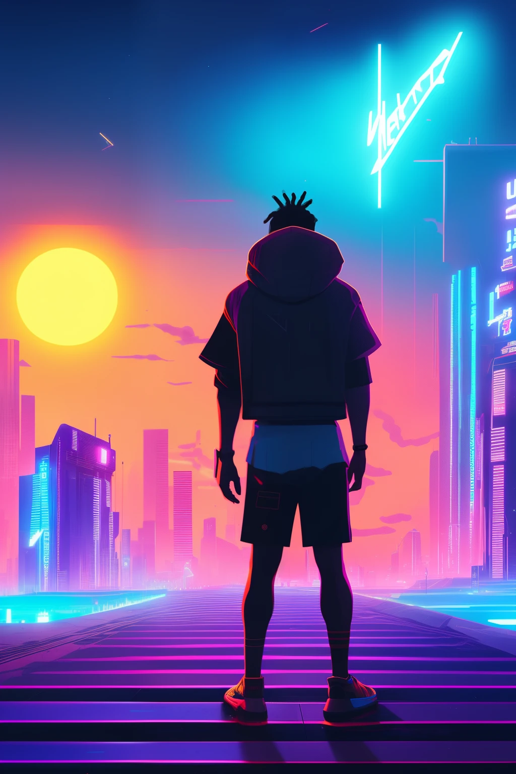 Black boy with short  dreadlocks like juice wrld and 2077 cyberpunk art style with juice wrld jacket and cyberpunk setting