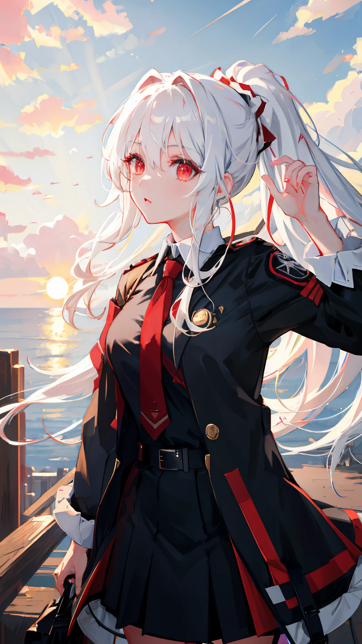 super resolution, super detailed, ultra detailed, masterpiece, best quality, 1girl, portrait, white hair, ponytail, red eyes,  sun, clouds, (neutral colors), (hdr:1.3)