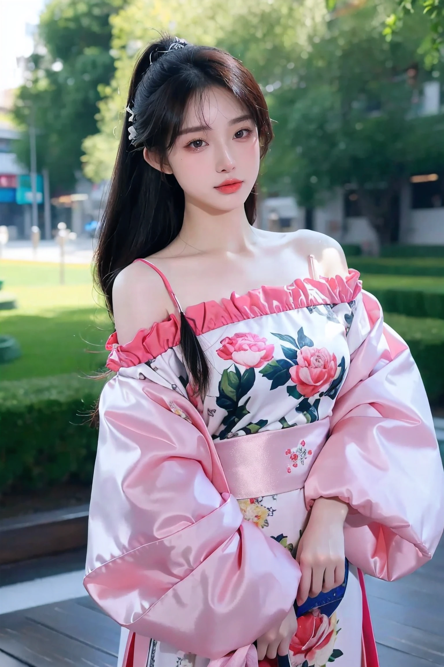 hyper quality,high detail,high resolution,FHD,1080P,2K4K18K,1girl,solo,(From the front),chinese clothes,off shoulder,Shiny and fair skin,outdoor,simple background,