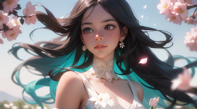 (best quality, masterpiece:1.2),ultra-detailed,(realistic,photorealistic,photo-realistic:1.37),1 beautiful and delicate portrait of a girl,playful and cute,with floating petals in the background,soft and dreamy lighting,pastel color palette,soft focus,vivid colors,blurred foreground and background,long flowing hair,beautiful detailed eyes,beautiful detailed lips,rosy cheeks,slight smile,subtle freckles,graceful pose,thin and elegant neck,flowing dress with floral patterns,captivating gaze,ethereal atmosphere,airy and light,subtle movement,delicate features,shimmering light effects,natural beauty,sunlight streaming through foliage,serene and tranquil ambiance,gentle breeze,springtime scenery,harmonious composition,peaceful and relaxed expression.