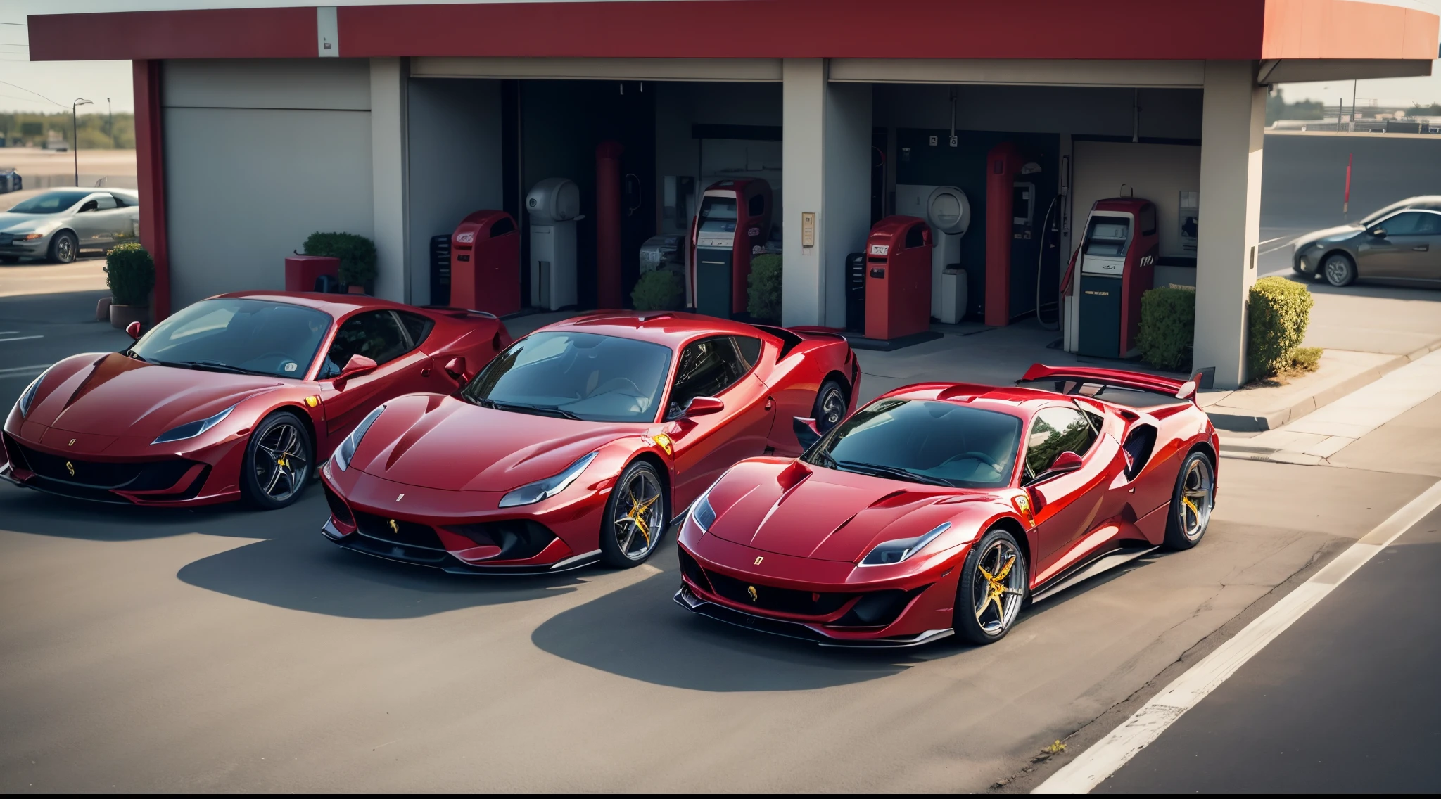 a red ferrari car stopped at a gas station