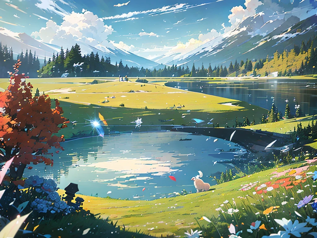 Summer, meadows, a few small flowers, clear lakes, sheep, heaven, large clouds, blue sky, hot weather, HD detail, hyper-detail, cinematic, surrealism, soft light, deep field focus bokeh, distant vistas are snowy mountains, ray tracing, and surrealism. --v6