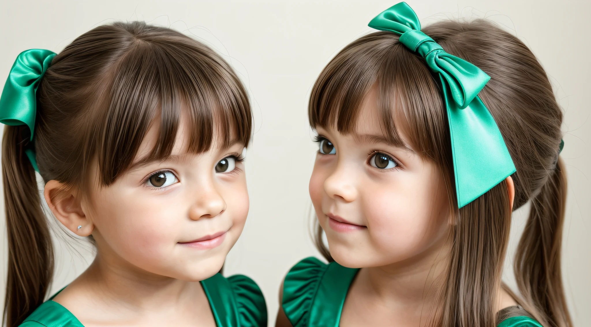 two girls with bows on their heads and one wearing a GREEN dress, beautiful gemini twins portrait, beautiful gemini twins, foto de retrato em close-up, childrens, s fofas, childrens, Looks doces, Beautiful girls, Gorgeous features, dois penteados pigtails, retrato closeup, twins, Duas meninaotada, lindo bonito, faixa de cabelo verDE,