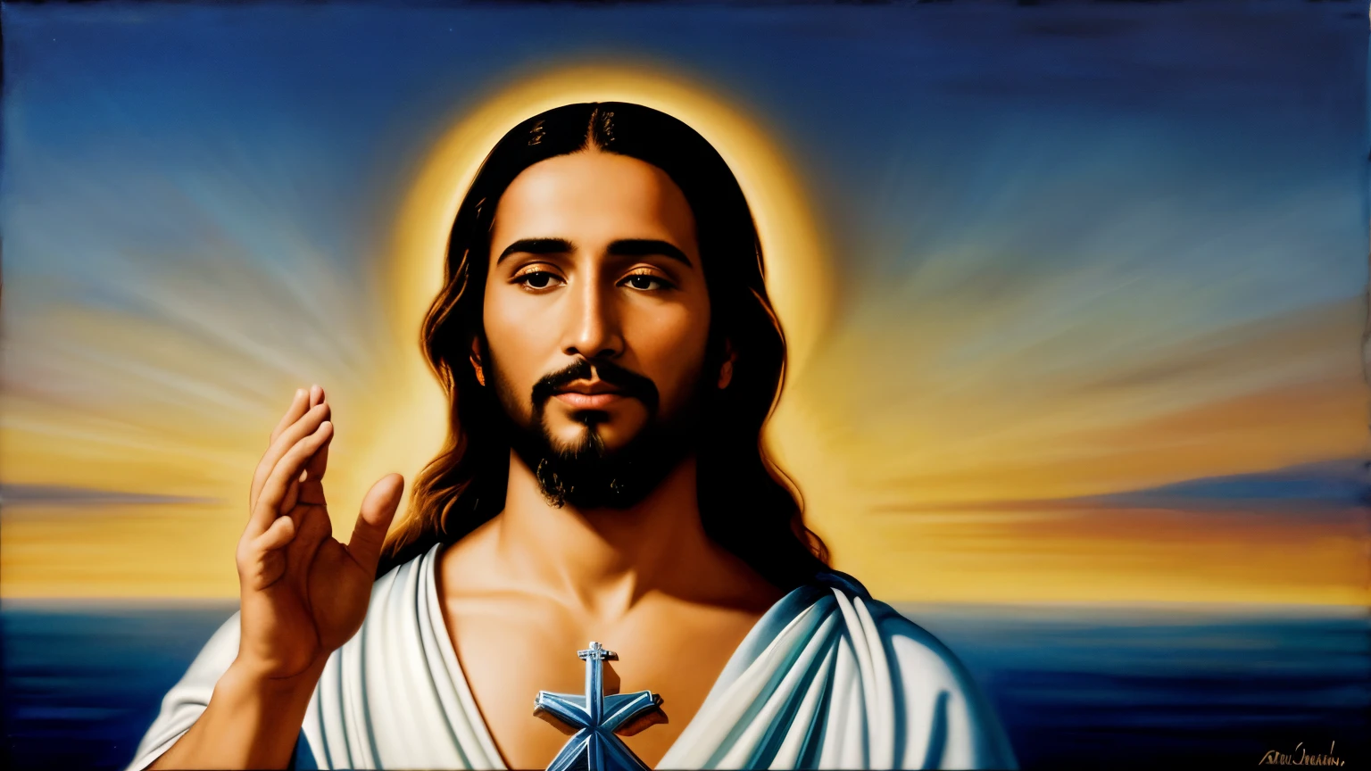 O Salvador Vivo: Um retrato altamente realista de Jesus, capturing his compassionate presence. He gestures with his hand, Signaling for five minutes of exclusive attention. A aura divina o envolve, radiating a feeling of grace and love. The scene is set against the backdrop of a celestial backdrop, com estrelas brilhando como halos. The atmosphere is imbued with deep spirituality and a call to introspection. The art style mixes hyper-realism with ethereal lighting. Unlikely references: Classical religious paintings and modern digital art. parameters: --AR 16:9 --semente 7000-10000 --caos 1-10 --estilizar 1-150 .