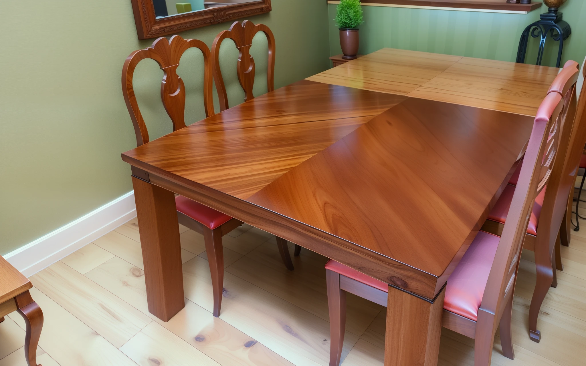 there is a wooden table with chairs and a mirror in the corner, polished with visible wood grain, detailed wooden table, tables, teak table, over vivid dark wood table, wood table, table, wooden table, tabletop, table is centered, with detailed wood, wood furnishings, [ overhead view of a table ]!!, dining table, kitchen table, gaming table