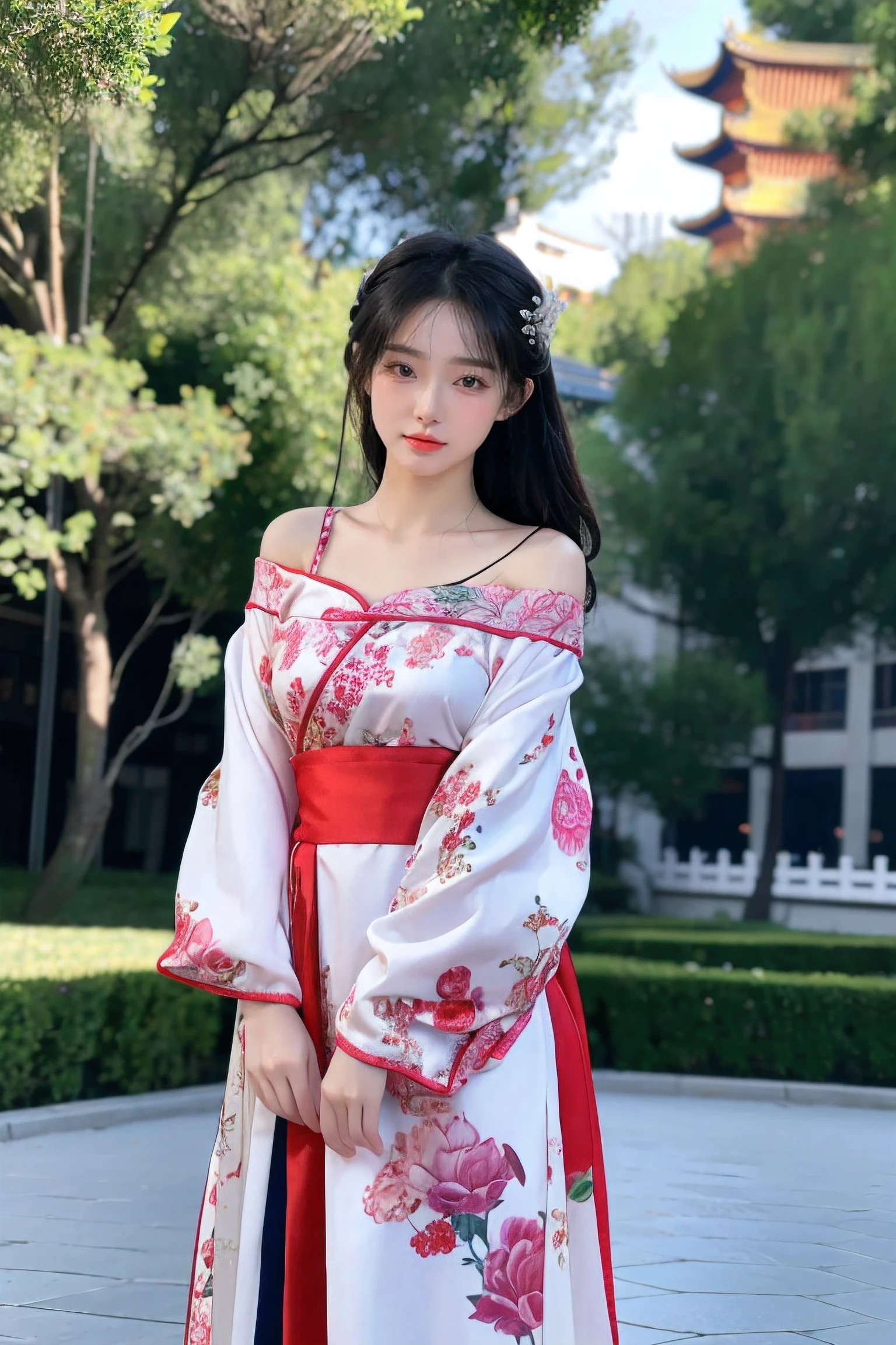 hyper quality,high detail,high resolution,FHD,1080P,2K4K18K,1girl,solo,(From the front),chinese clothes,off shoulder,Shiny and fair skin,outdoor,simple background,
