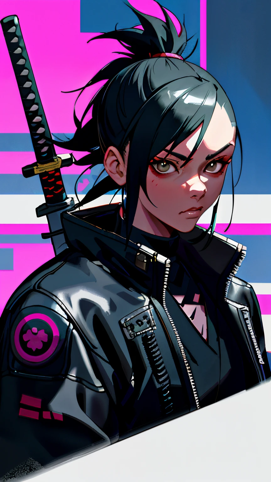 Samurai in a leather outfit with a sword in a city, cyberpunk samurai, urban samurai, portrait of a cyberpunk samurai, very beautiful cyberpunk samurai, badass anime 8 k, street samurai, wojtek fus, cyberpunk street goon, in cyberpunk style, hyper-realistic cyberpunk style, cyberpunk art style, has cyberpunk style, in style of beeple, in cyberpunk city