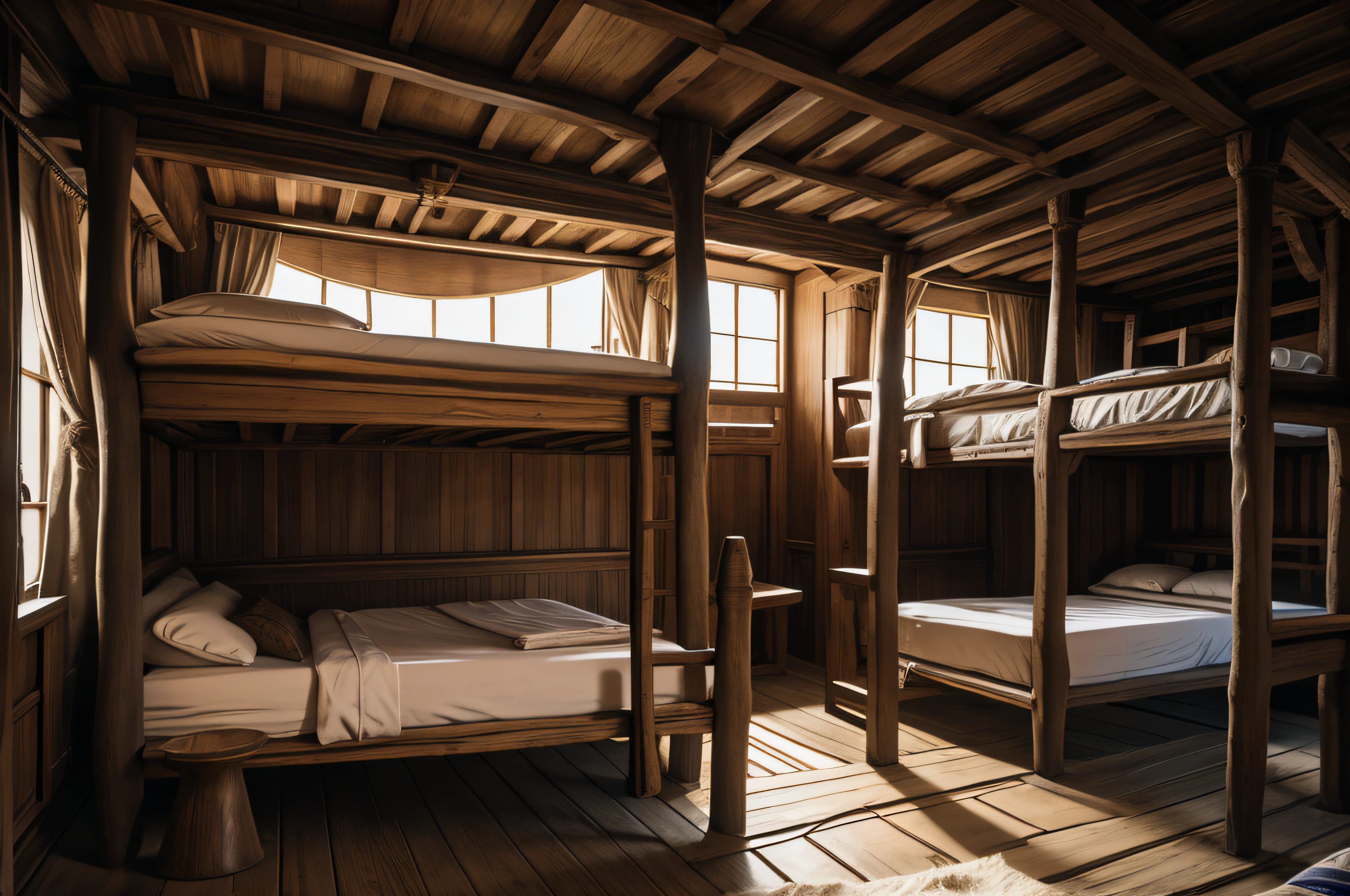 the dormitory of a medieval sailing ship with beds and hammocks