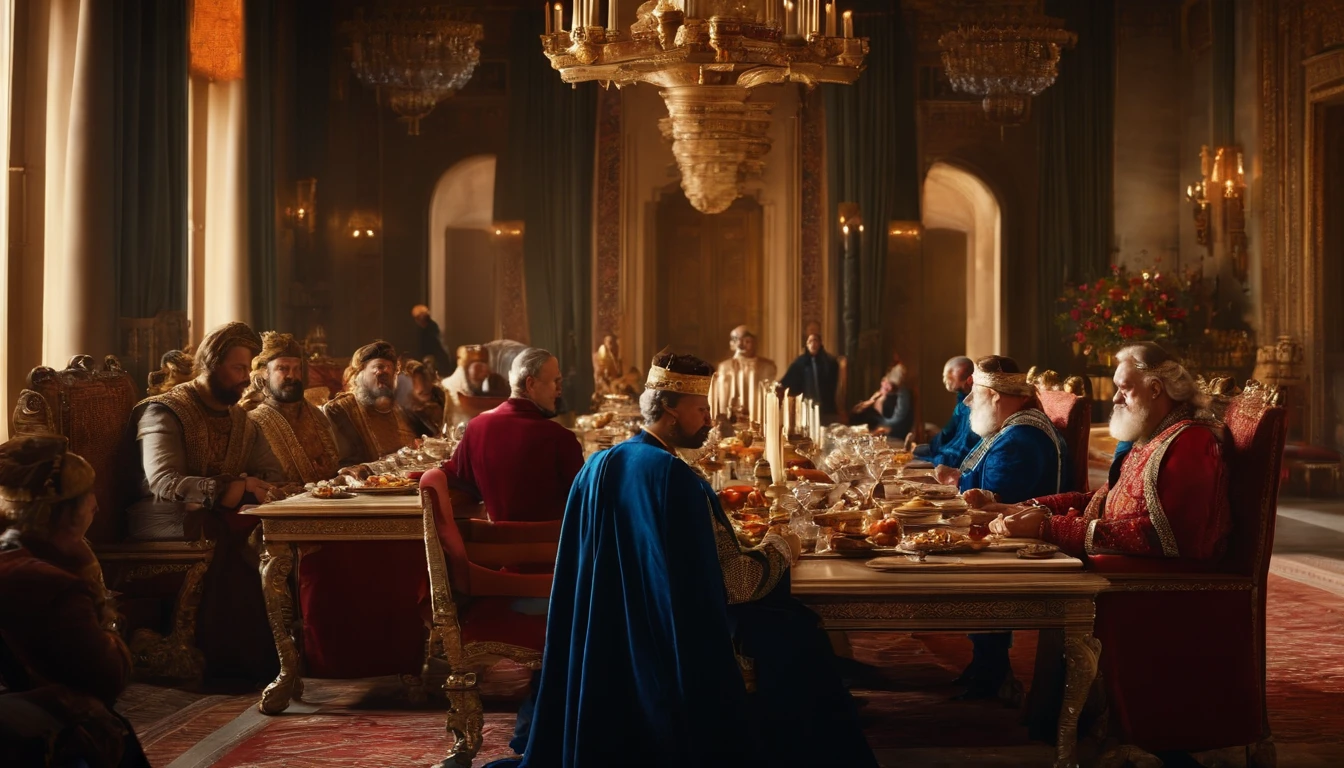 a king having lunch at a rich table with another king in a royal palace