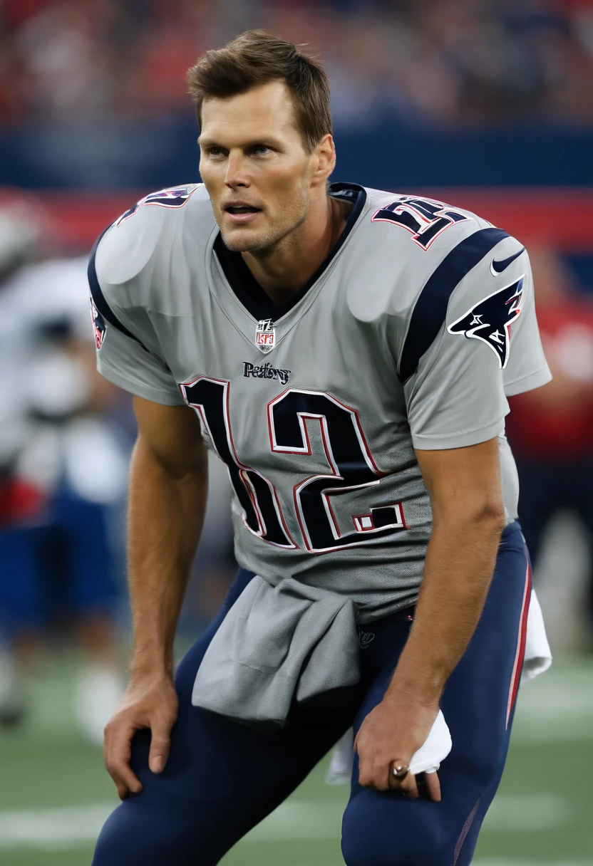 The image is a close-up of Tom Brady in workout gear, leading a team huddle on the football field.,New England Patriots,Tom Brady, the recently retired renowned American football quarterback, is known for his athletic build, standing tall with a lean, yet muscular physique honed from years of rigorous training and play. He often appears clean-cut, with short hair and a well-maintained appearance, reflecting his disciplined and focused nature.