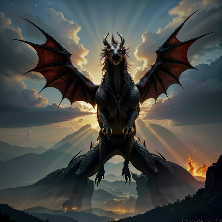(best quality,4k,8k,highres,masterpiece:1.2),ultra-detailed,(realistic,photorealistic,photo-realistic:1.37),dragon head,heavenly sky,mythical creature,ominous atmosphere,majestic,fiery breath,detailed scales,sharp claws,powerful gaze,floating in the air,fantasy,illuminated by sunlight,ethereal,with swirling clouds,emitting sparks,medieval,fierce,mythological beast,roaring,with piercing red eyes,dark shadows,dynamic pose,magnificent wings,with intricate patterns,against a backdrop of stars,with a sense of movement,expansive landscape,imposing presence,golden horns,breathtaking,otherworldly,commanding,with a touch of magic,awe-inspiring,mythical,channeling strength and energy,against a dramatic sunset,full of mythical creatures,created with fine attention to detail,vibrant colors,emotive,engulfed in flames,interplay of light and shadow,vivid and dynamic imagery,showcasing the power and grandeur of the dragon,legendary creature,unleashing its fury.