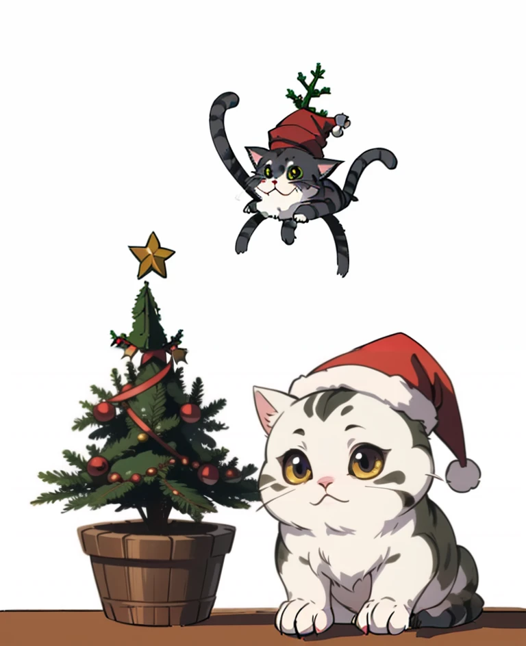 Chiaroscuro. A ((tiny and cute monster cat)) wearing a christmas hat, sitting next to a christmas tree. simple white background.