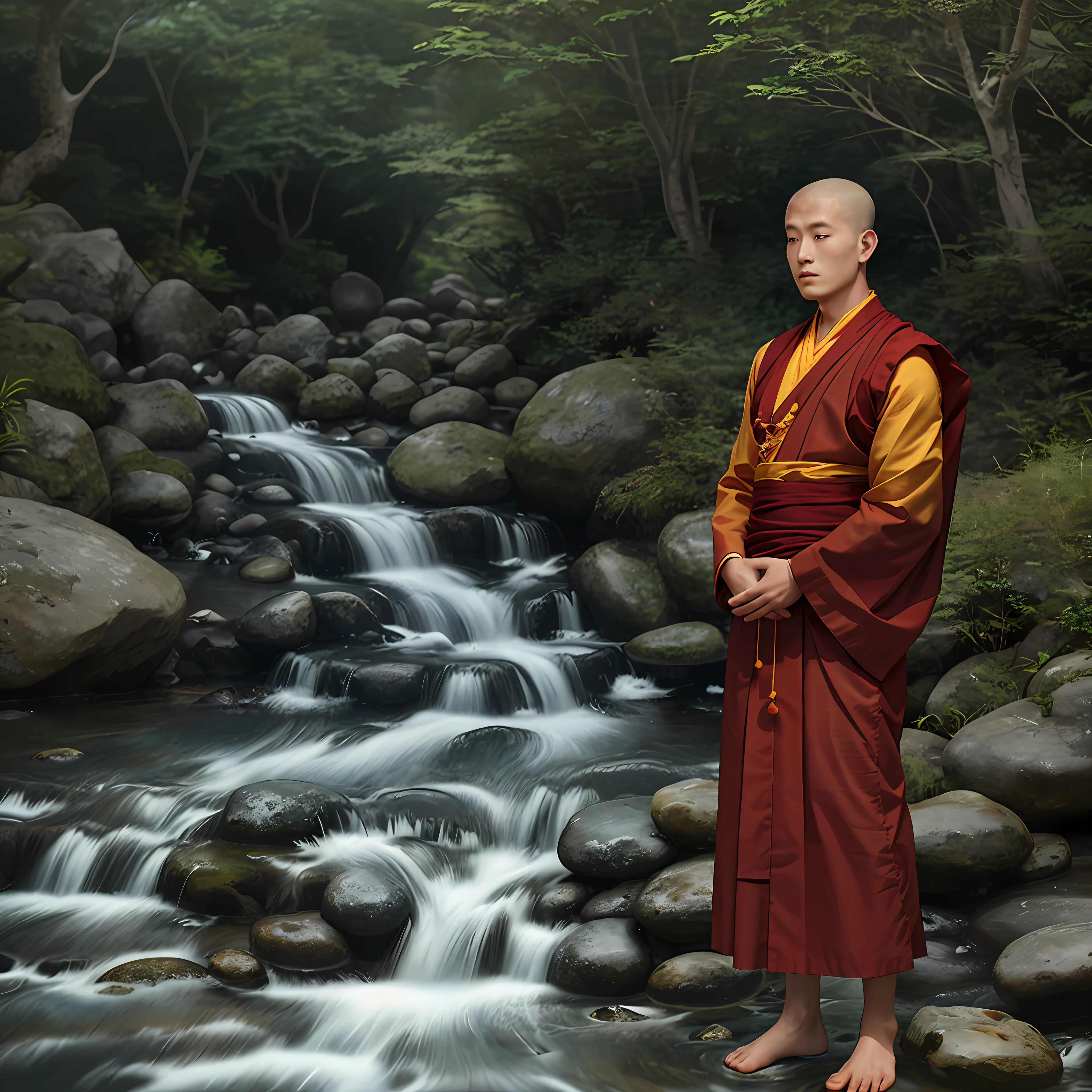 A Buddhist monk meditating By the stream, his coral-colored threads are coming out The facial expression is peaceful, cinematic lighting hyper realistic super details skin texture is very detail,His hair was curled on top of his head, and his earlobe was long