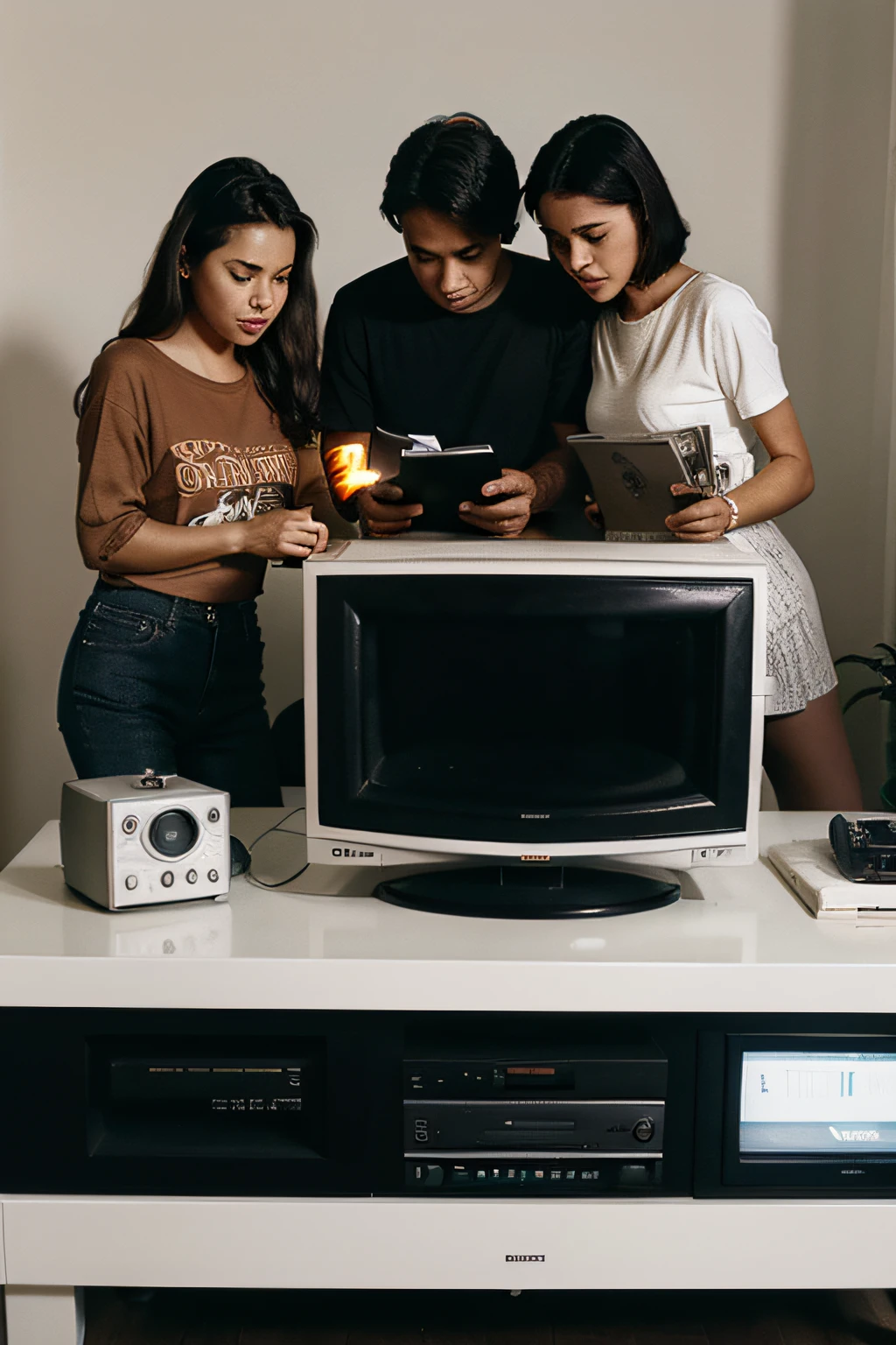 Linha do Tempo Evolutiva:

Start with a picture of an old printing press, representing the beginnings of print media.
Flash forward to a scene of the family gathered around a radio, symbolizing the golden age of radio.
Em seguida, show a black and white television with an antenna, highlighting the television revolution.
Progrida para um computador pessoal dos anos 90, com uma tela CRT, ilustrando a entrada da sociedade na era digital.
Finish with a contemporary image of people using smartphones and tablets to consume news, videos and social media.