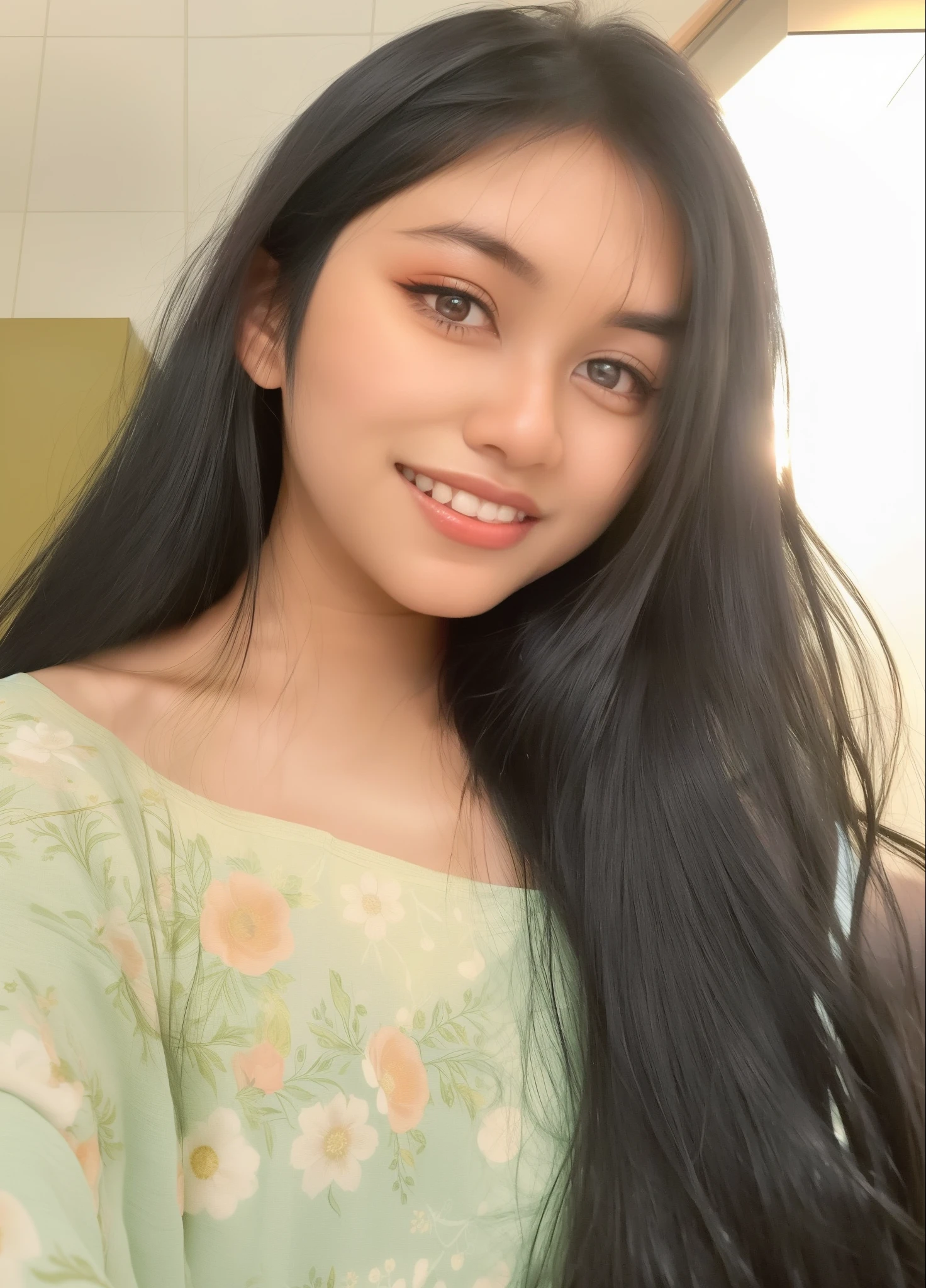 there is a woman with long black hair posing for a picture, selfie of a young woman, indian girl with brown skin, centre image, with long hair, with a pouting smile, with straight black hair, around 1 9 , selfie photo, with a happy expression, with a beautifull smile, beuatiful face, lovingly looking at camera