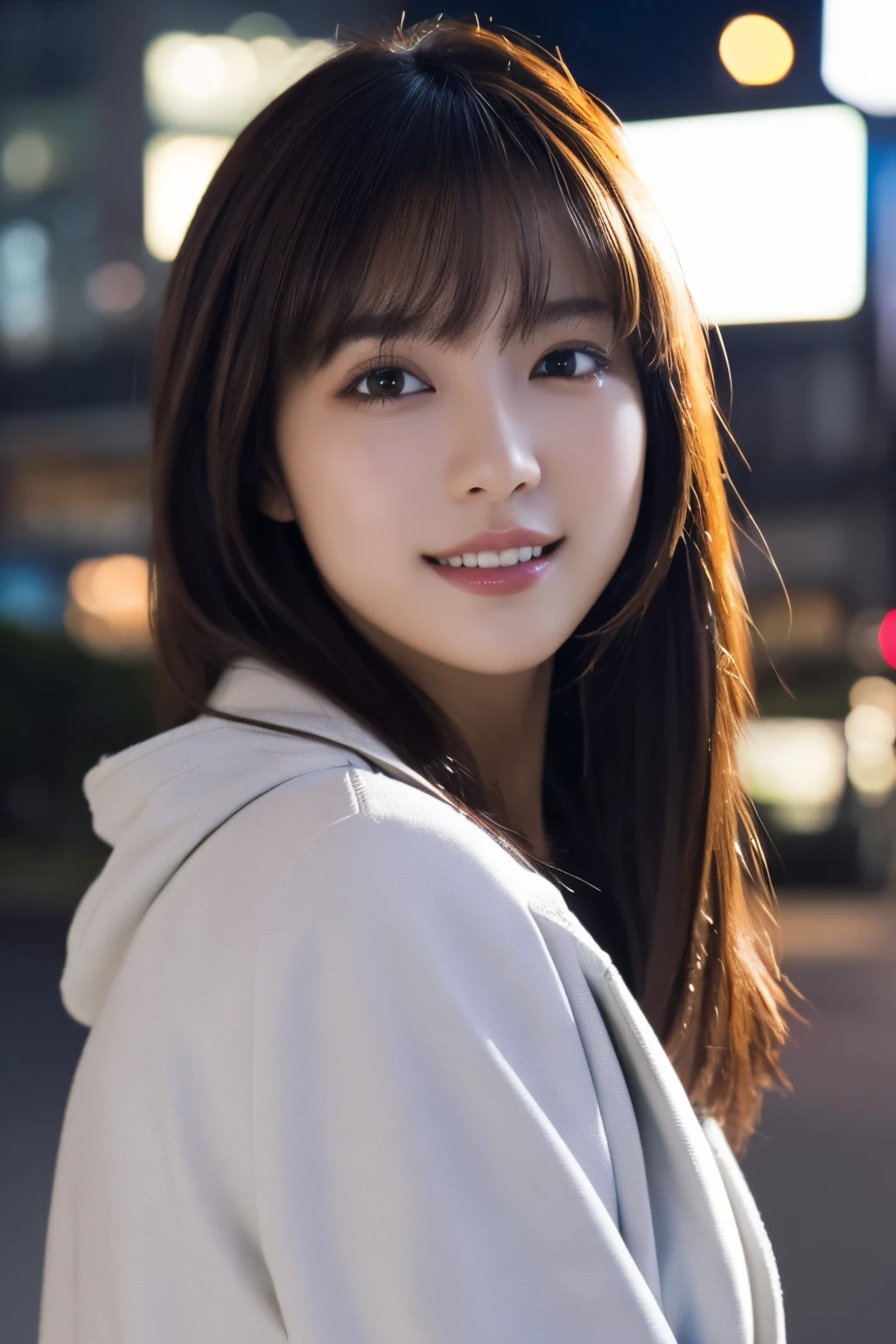 1girl in, (wear a platinum coat:1.2), (Raw photo, Best Quality), (Realistic, Photorealsitic:1.4), masutepiece, Extremely delicate and beautiful, Extremely detailed, 2k wallpaper, amazing, finely detail, the Extremely Detailed CG Unity 8K Wallpapers, Ultra-detailed, hight resolution, Soft light, Beautiful detailed girl, extremely detailed eye and face, beautiful detailed nose, Beautiful detailed eyes, Cinematic lighting, illumination of the city at night, Perfect Anatomy, Slender body, Taut, 
Straight semi-long hair, Bangs, Looking at Viewer, A slight smil