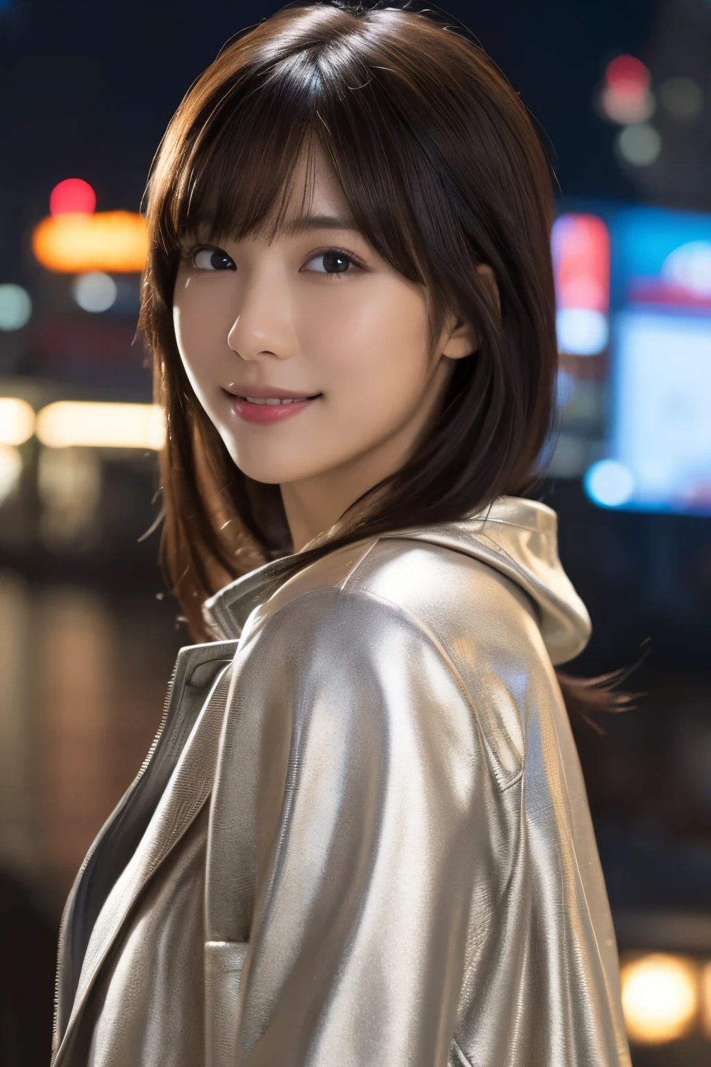 1girl in, (wear a platinum coat:1.2), (Raw photo, Best Quality), (Realistic, Photorealsitic:1.4), masutepiece, Extremely delicate and beautiful, Extremely detailed, 2k wallpaper, amazing, finely detail, the Extremely Detailed CG Unity 8K Wallpapers, Ultra-detailed, hight resolution, Soft light, Beautiful detailed girl, extremely detailed eye and face, beautiful detailed nose, Beautiful detailed eyes, Cinematic lighting, illumination of the city at night, Perfect Anatomy, Slender body, Taut, 
Straight semi-long hair, Bangs, Looking at Viewer, A slight smil