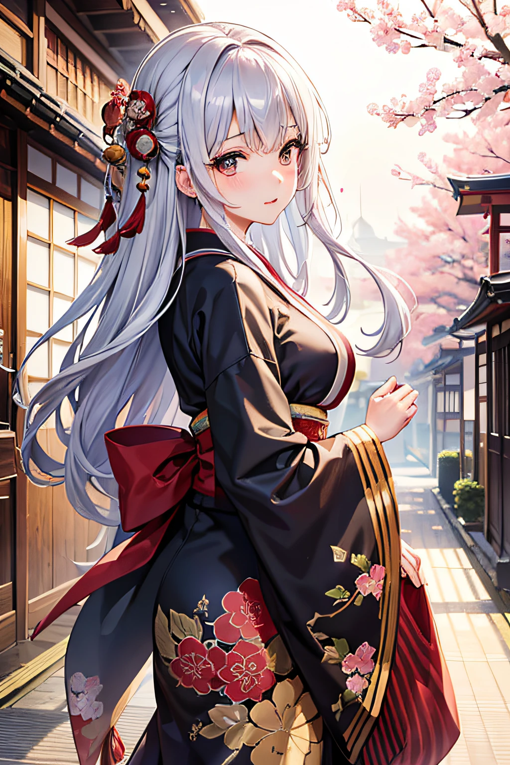 a beauty girl、silber hair、Brown eyes、kimono、The city of Kyoto、Longhaire、Red ribbons、big breasts、The wind is blowing、high-level image quality