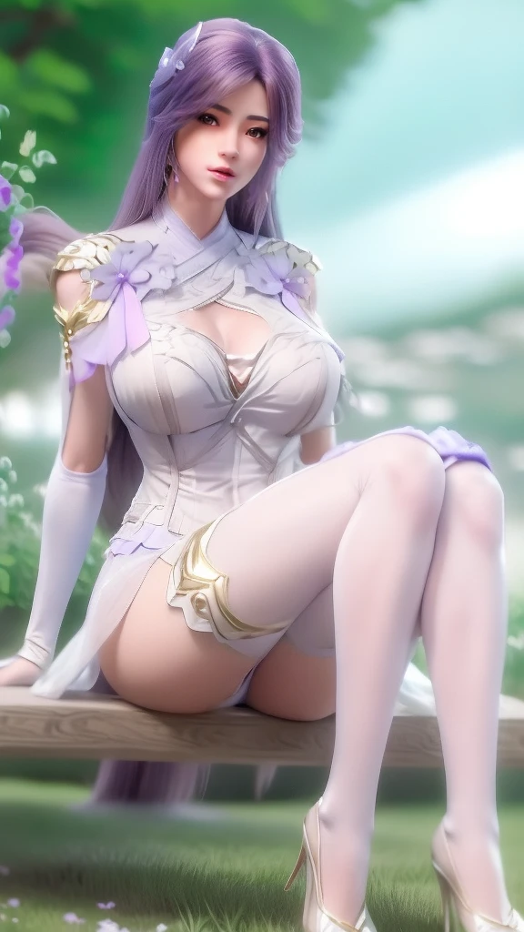 Pretty woman in lingerie sitting on bench on grass, Rapunzel goddess, photorealistic perfect body, Anime Barbie wearing white stockings, Beautiful goddess woman, seductive anime girls, Dressed in nice white clothes, Strike elegant poses, cute elegant pose, Huge Stunning Goddess Photography, beautiful attractive anime woman, beautiful female bodies, elegant rendering, anime goddess, Fair, The skin is smooth and translucent