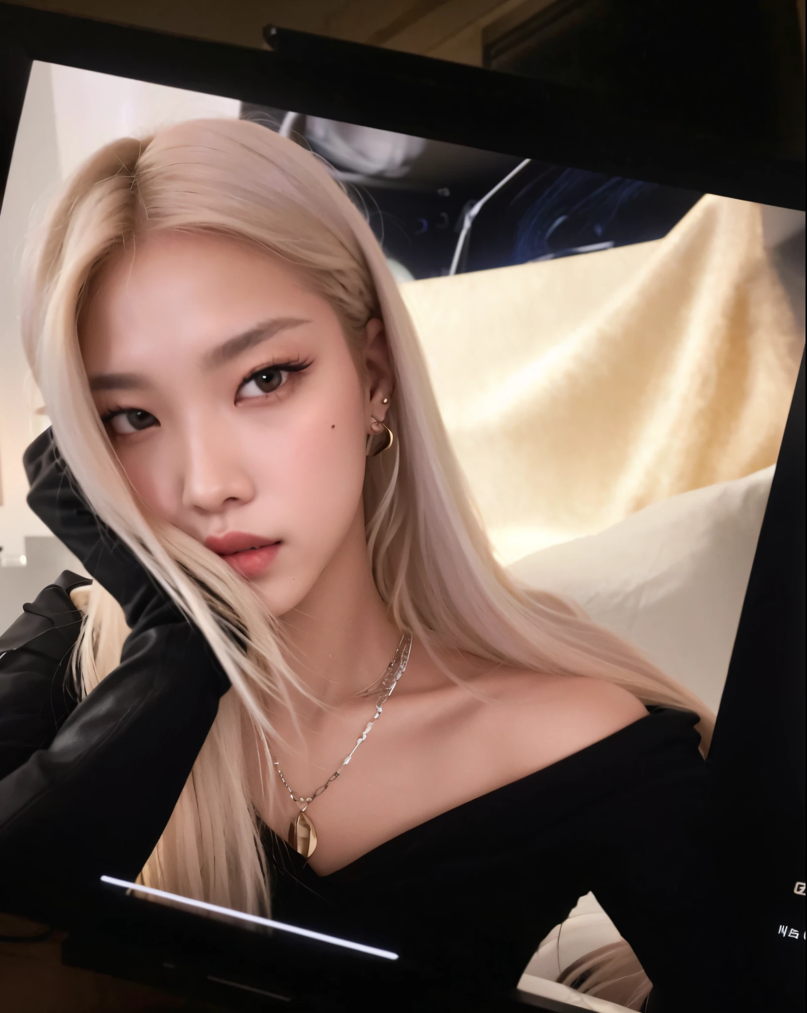 cropped photo of a woman with long blonde hair on a television, Parque Roseanne do Blackpink, Retrato de Jossi de Blackpink, jossi do blackpink, imagem vazada, Jaeyeon Nam, Jinyoung Canela, jennie blackpink, Kim Doyoung, Ulzzang, com cabelos longos brancos, com longos cabelos brancos, Cl, her hair is white, jia