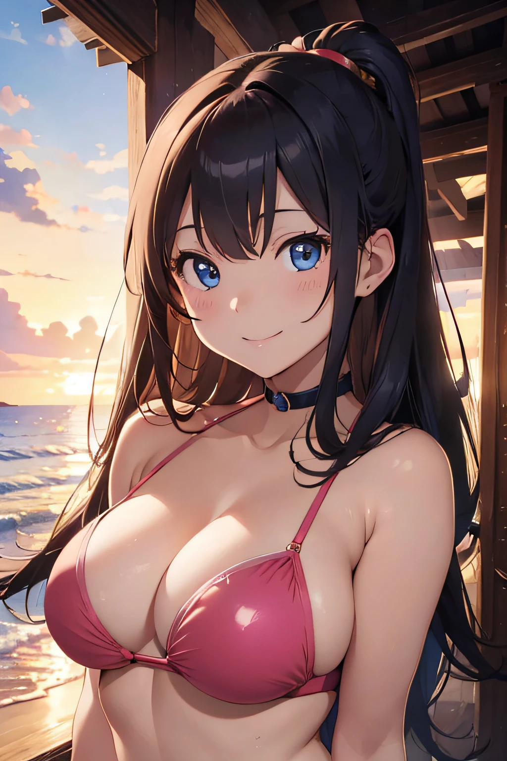masterpiece、high-level image quality、upperbody shot、photographrealistic、Longhaire、Photos of beautiful JPN-gals,、Big Breast、Large breasts、Glossy pink bikini、Blue eyes、shiny golden hair、Smiling smile、Sunset beach、Painting from the front