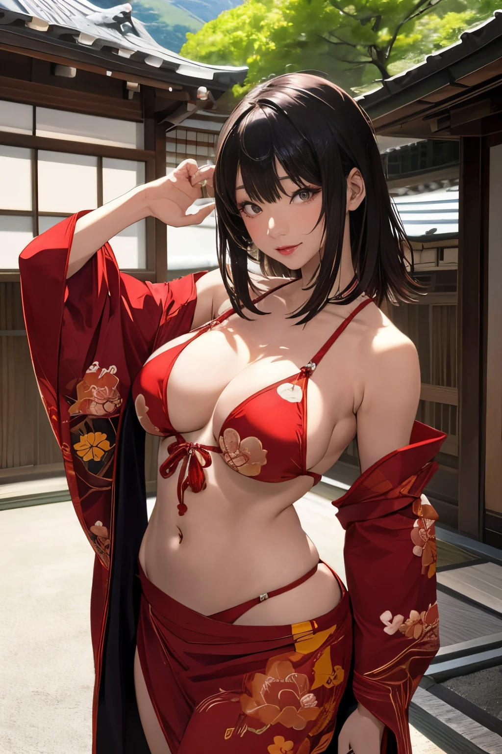 ((in the mountains of japan:1))、((on a tree))、sexy female crow tengu、Japanese traditional UMA tengu, sexy japanese monk costume, Sexy brown skin, Nice sexy body、tanned healthy sexy skin、One lady、Red hair ornament、((Black Japanese style sexy costume:1))、with the crow